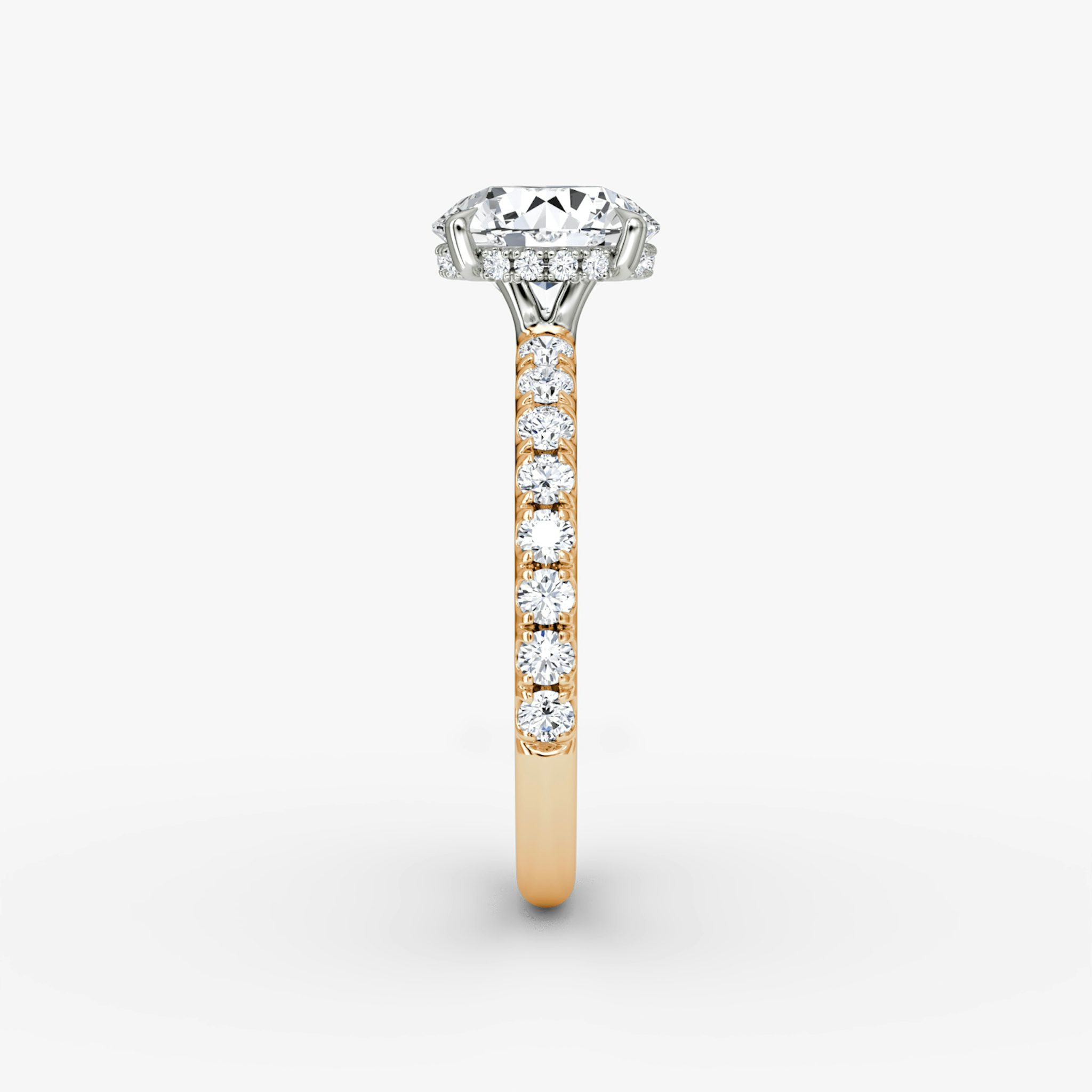The Signature | Round Brilliant | 14k | Rose Gold and Platinum | bandAccent: Pavé | bandWidth: large | caratWeight: 1.0ct | hiddenHalo: yes | diamondOrientation: vertical