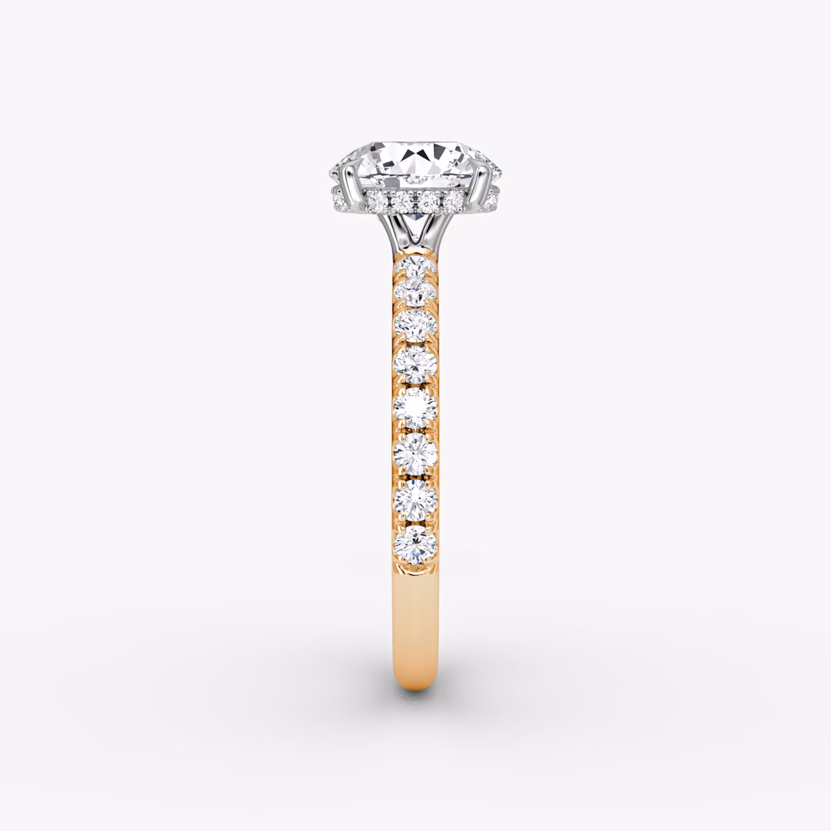 The Signature | Round Brilliant | 14k | Rose Gold and Platinum | bandAccent: Pavé | bandWidth: large | caratWeight: other | hiddenHalo: yes | diamondOrientation: vertical