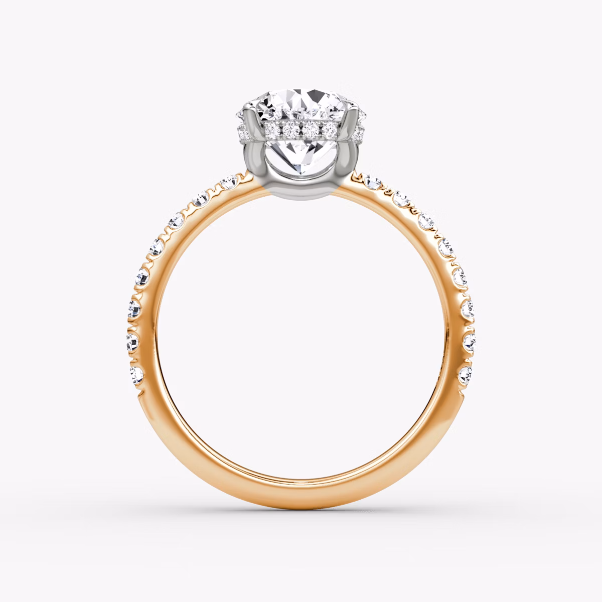 The Signature | Round Brilliant | 14k | Rose Gold and Platinum | bandAccent: Pavé | bandWidth: large | caratWeight: other | hiddenHalo: yes | diamondOrientation: vertical