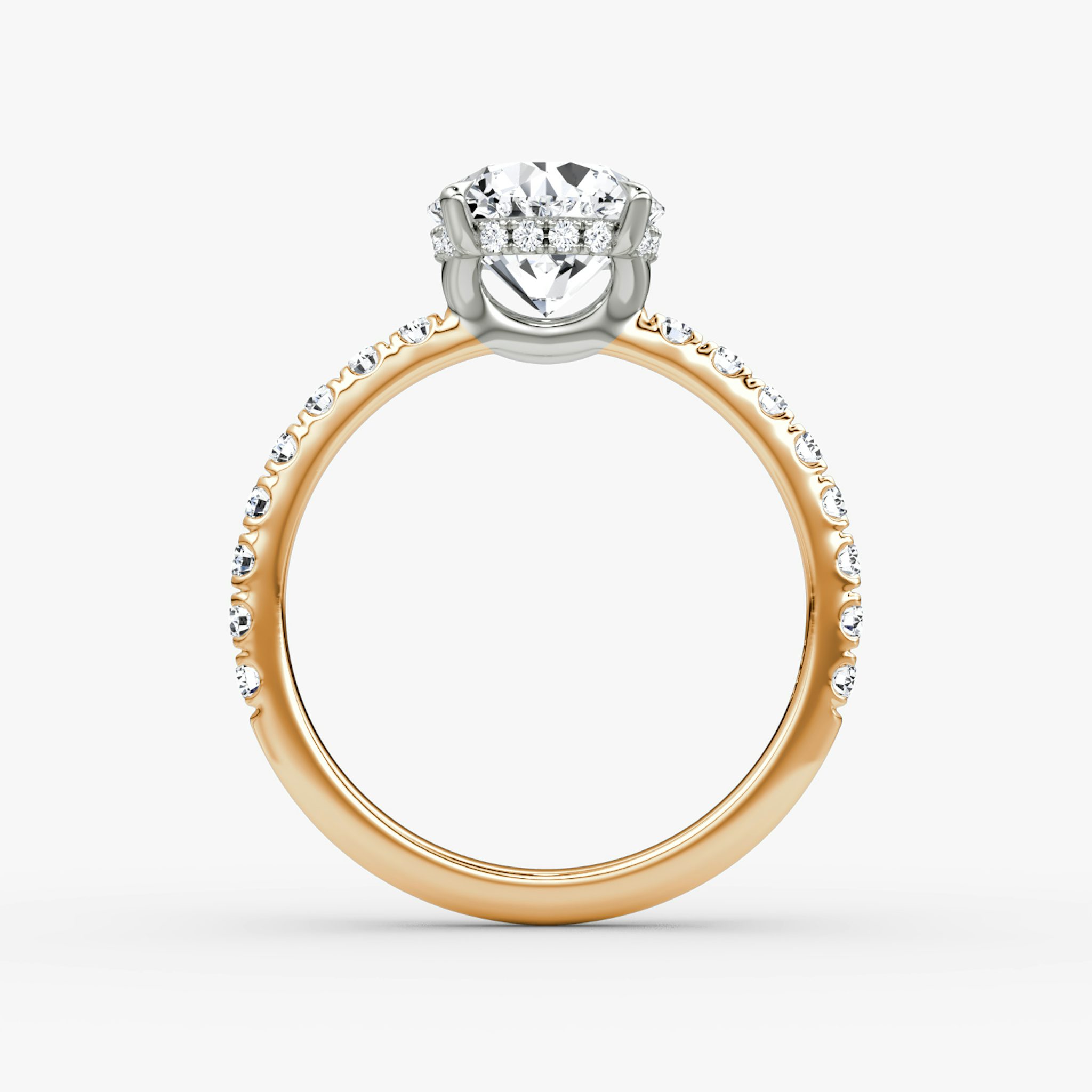 The Signature | Round Brilliant | 14k | Rose Gold and Platinum | bandAccent: Pavé | bandWidth: large | caratWeight: 1.5ct | hiddenHalo: yes | diamondOrientation: vertical