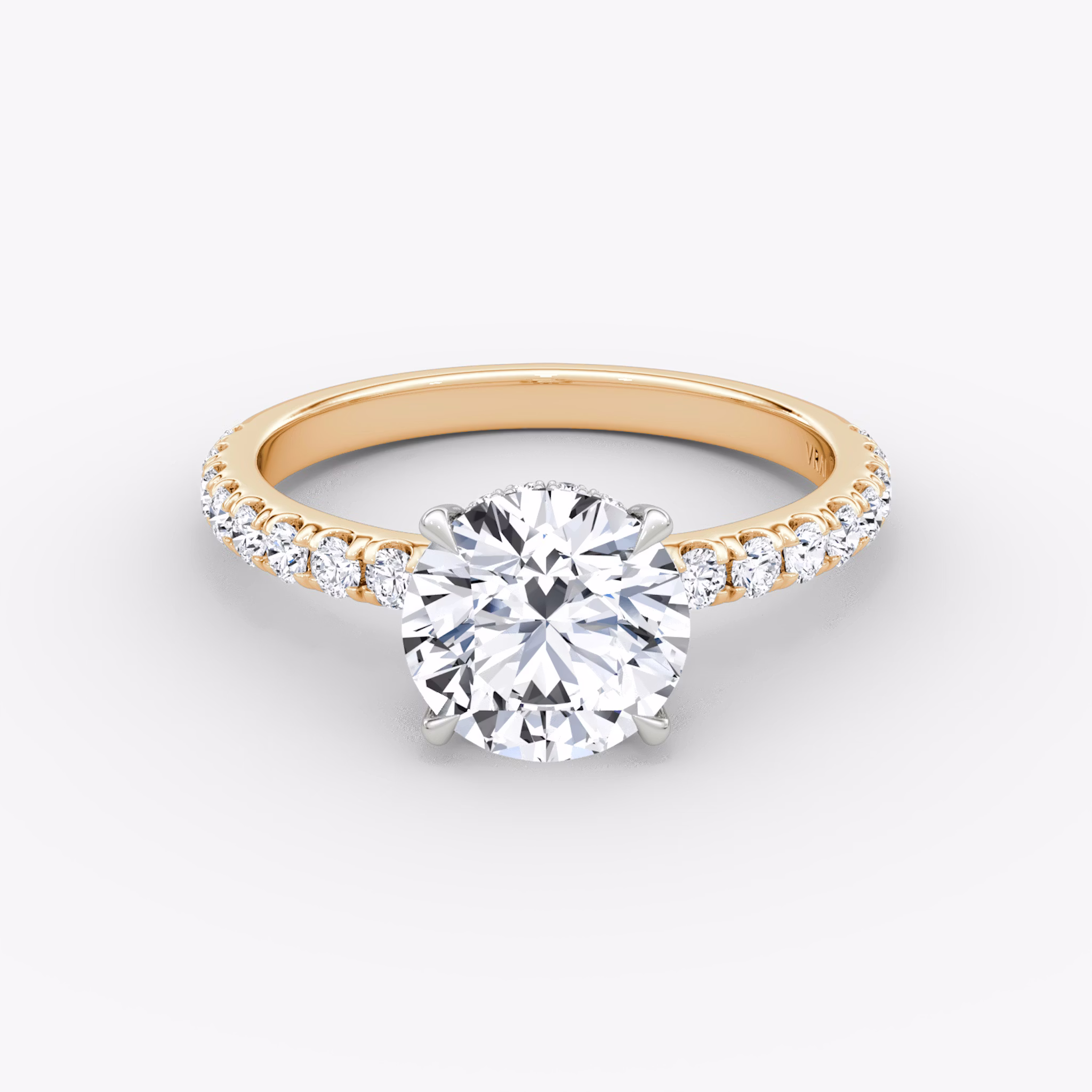 The Signature | Round Brilliant | 14k | Rose Gold and Platinum | bandAccent: Pavé | bandWidth: large | caratWeight: 2.0ct | hiddenHalo: yes | diamondOrientation: vertical