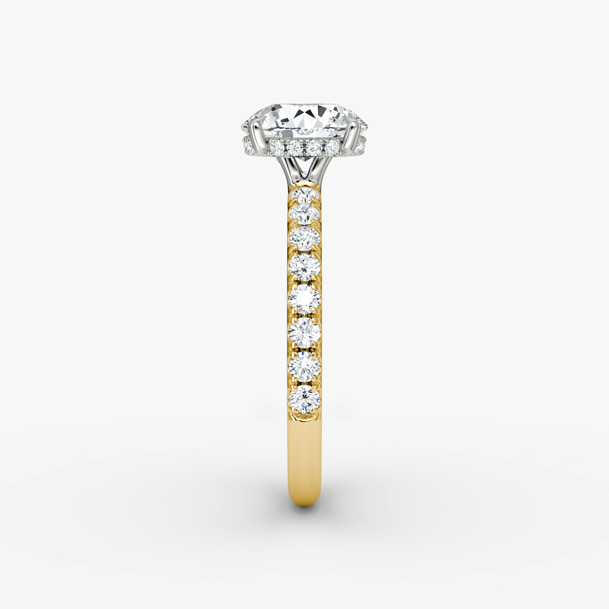 The Signature | Round Brilliant | 18k | Yellow Gold and Platinum | bandAccent: Pavé | bandWidth: large | caratWeight: 1.0ct | hiddenHalo: yes | diamondOrientation: vertical