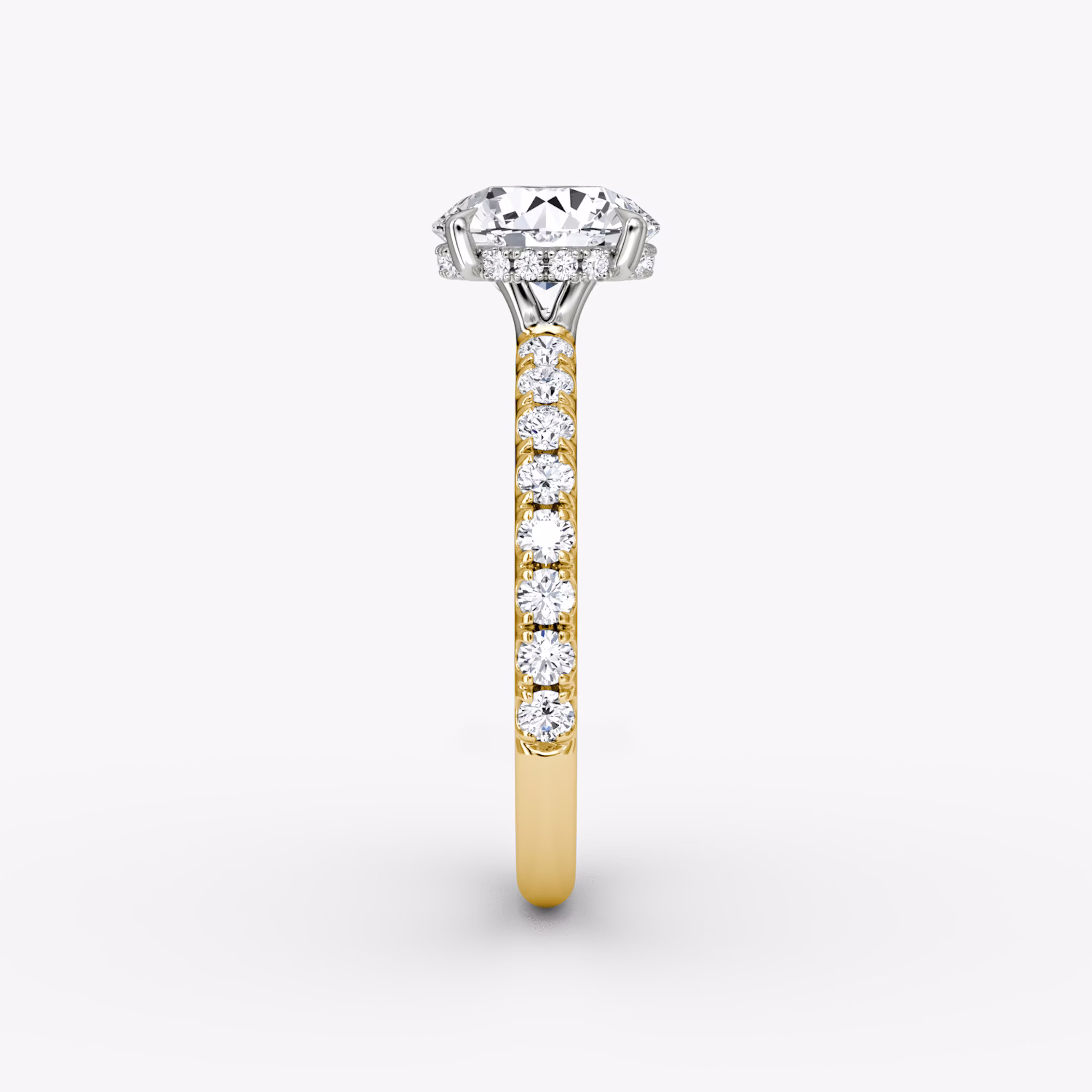 The Signature | Round Brilliant | 18k | Yellow Gold and Platinum | bandAccent: Pavé | bandWidth: large | caratWeight: 1.5ct | hiddenHalo: yes | diamondOrientation: vertical