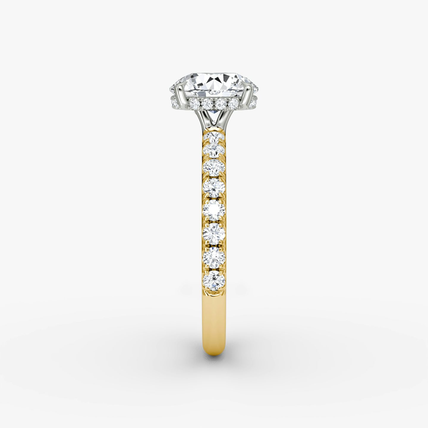 The Signature | Round Brilliant | 18k | Yellow Gold and Platinum | bandAccent: Pavé | bandWidth: large | caratWeight: 1.5ct | hiddenHalo: yes | diamondOrientation: vertical