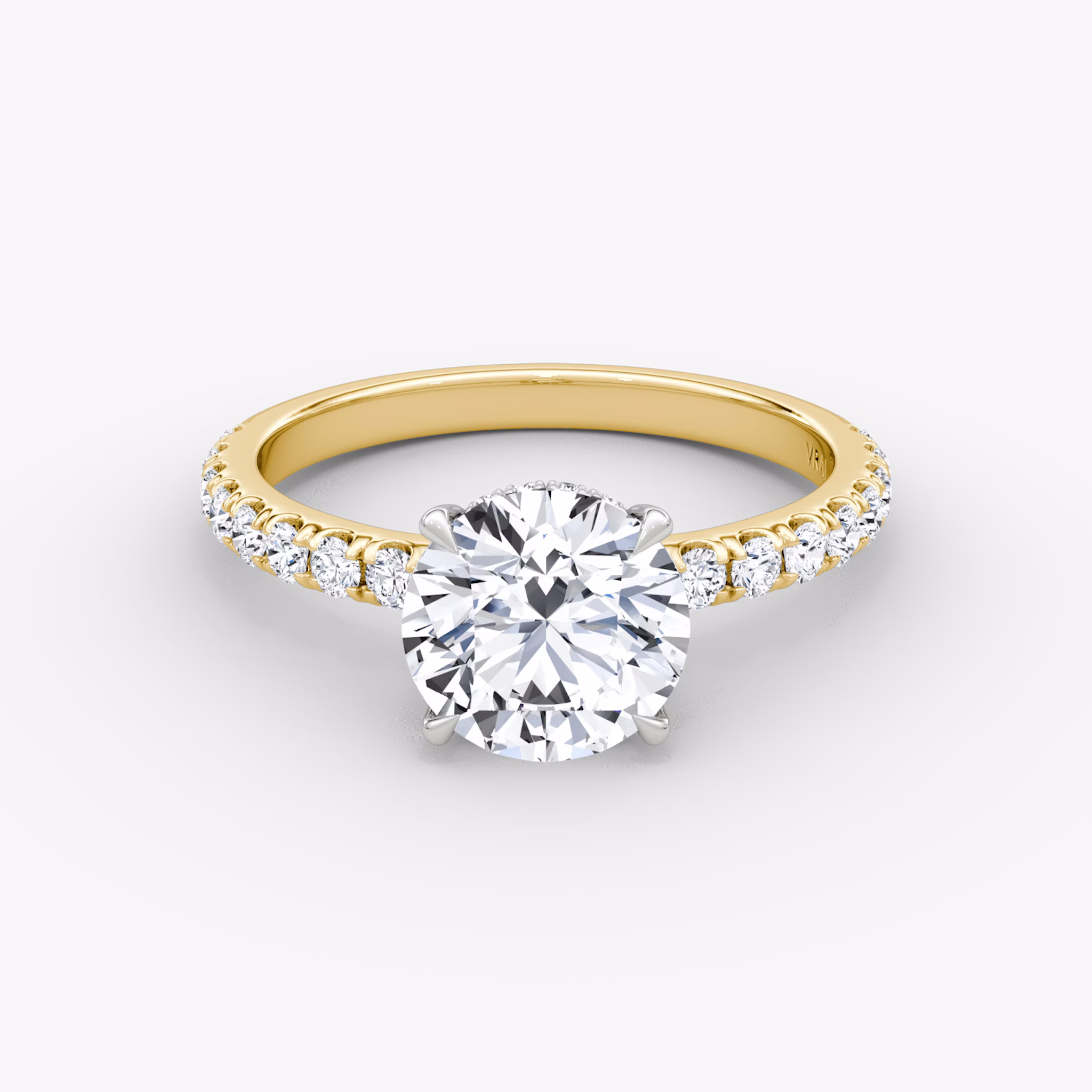 The Signature | Round Brilliant | 18k | Yellow Gold and Platinum | bandAccent: Pavé | bandWidth: large | caratWeight: 1.5ct | hiddenHalo: yes | diamondOrientation: vertical