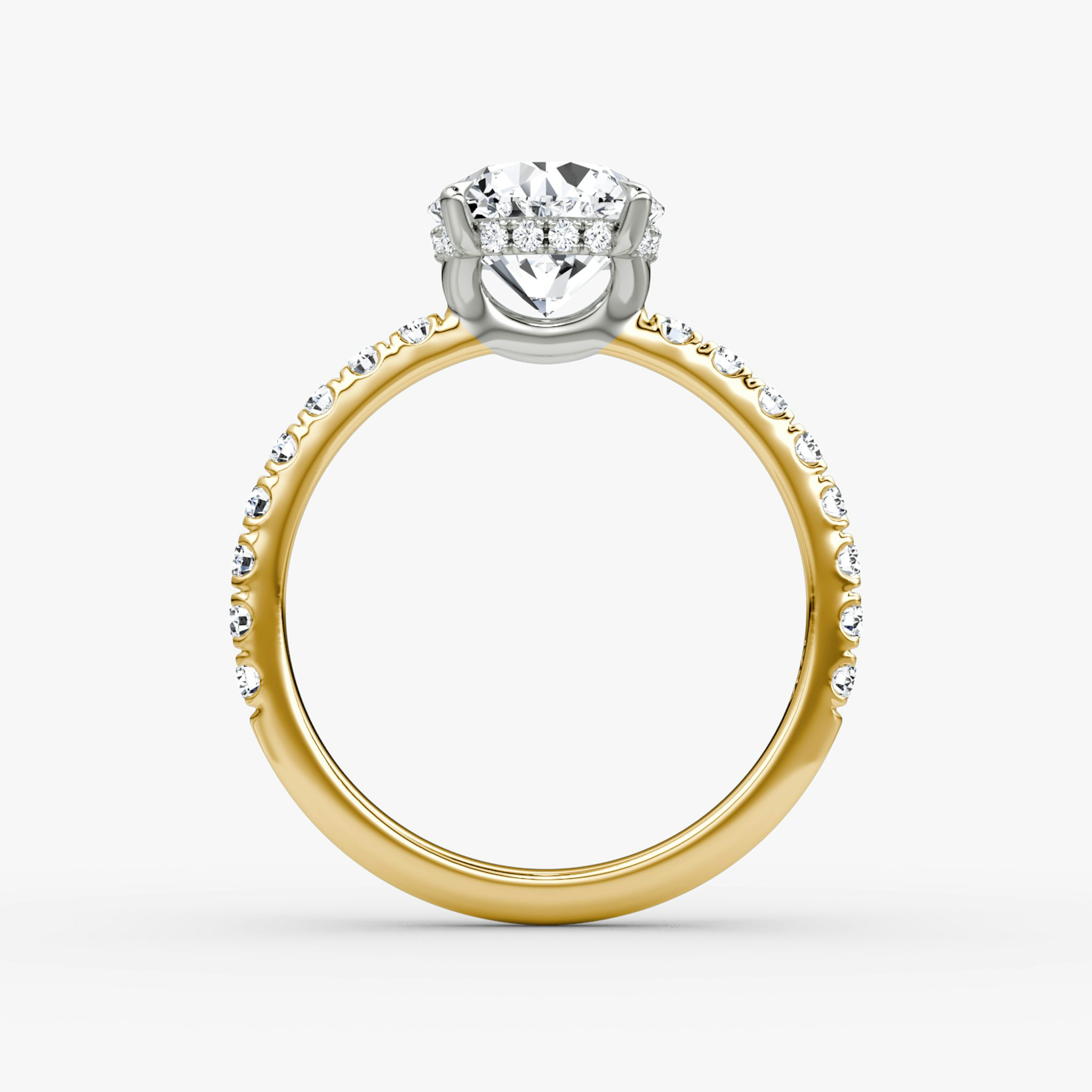 The Signature | Round Brilliant | 18k | Yellow Gold and Platinum | bandAccent: Pavé | bandWidth: large | caratWeight: 1.5ct | hiddenHalo: yes | diamondOrientation: vertical