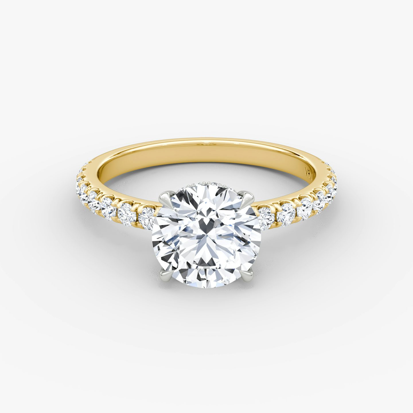 The Signature | Round Brilliant | 18k | Yellow Gold and Platinum | bandAccent: Pavé | bandWidth: large | caratWeight: other | hiddenHalo: yes | diamondOrientation: vertical