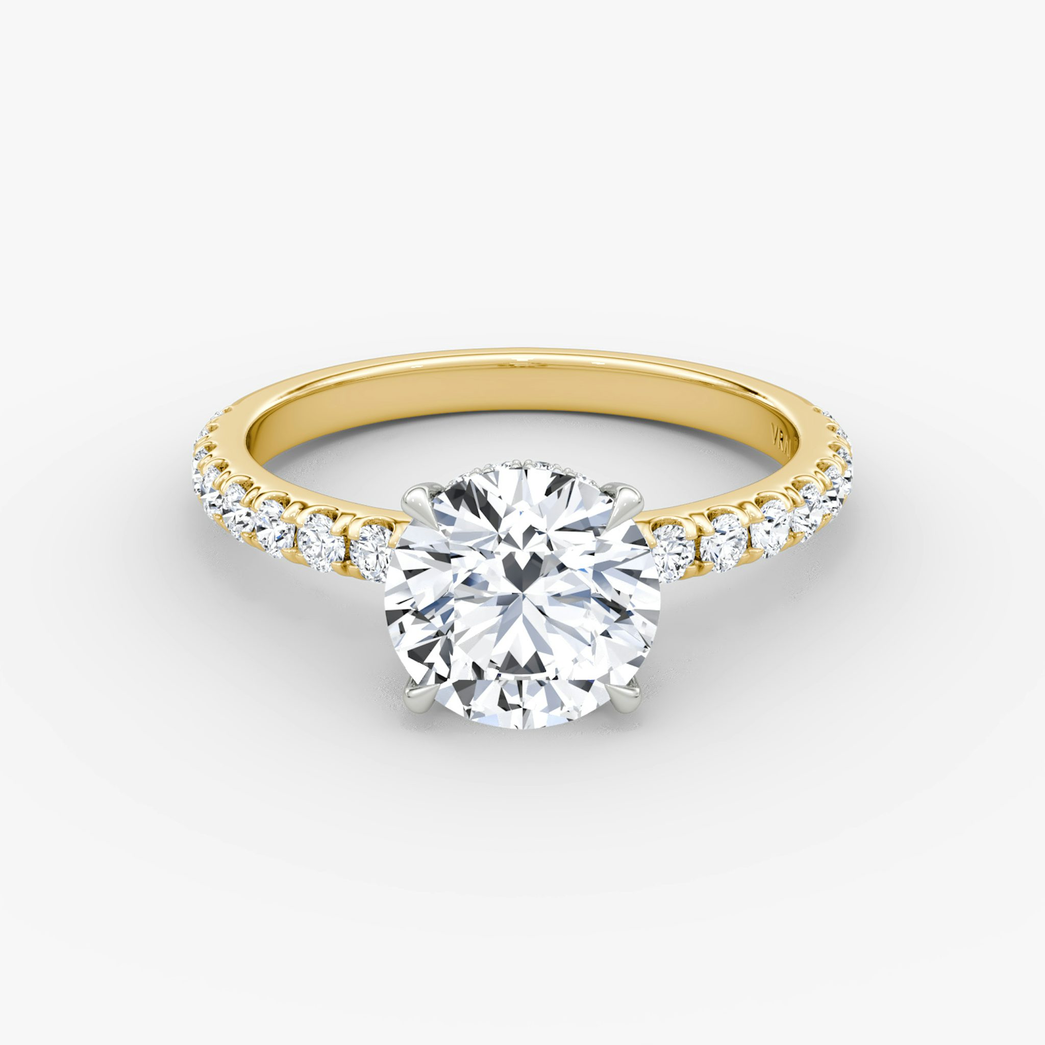 The Signature | Round Brilliant | 18k | Yellow Gold and Platinum | bandAccent: Pavé | bandWidth: large | caratWeight: other | hiddenHalo: yes | diamondOrientation: vertical