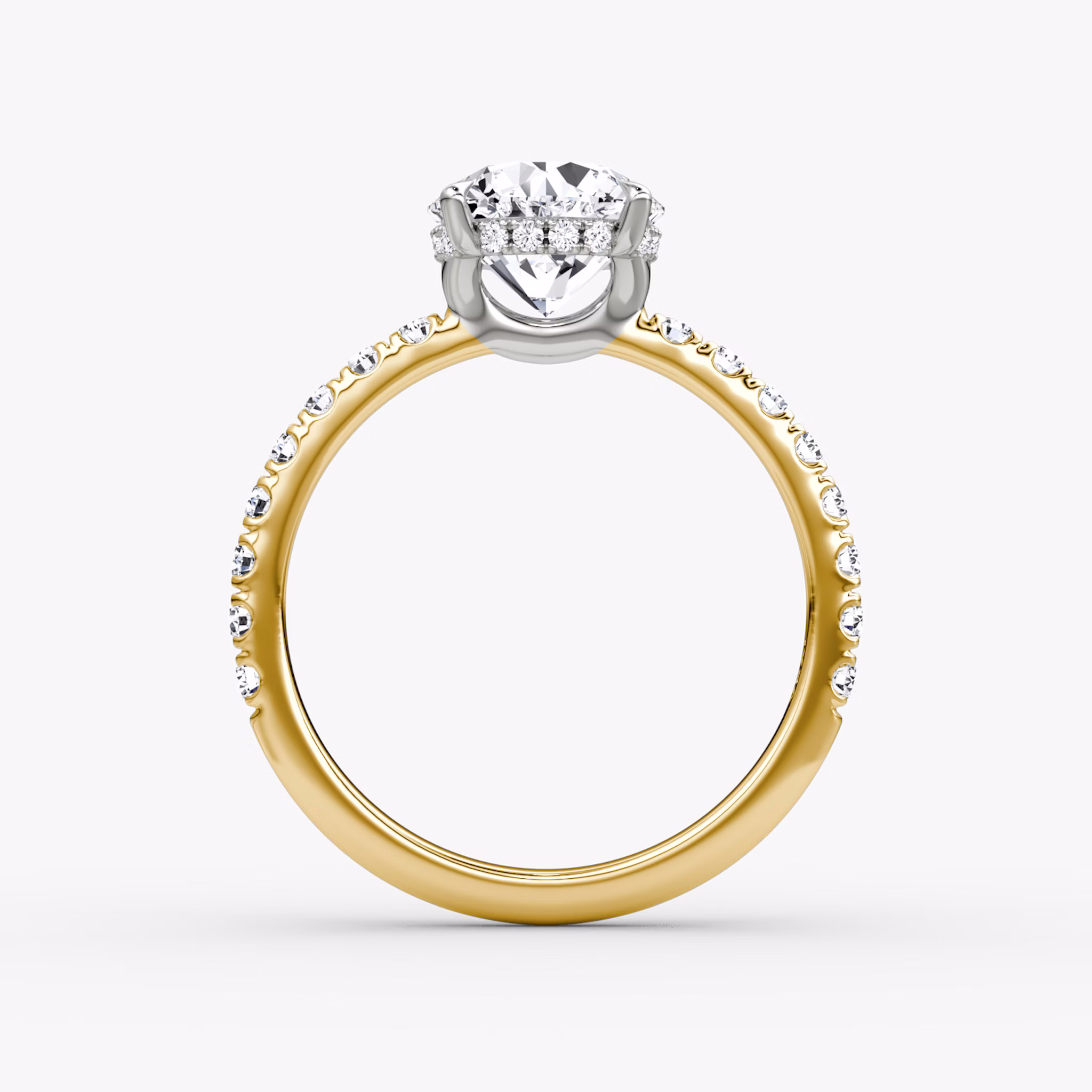 The Signature | Round Brilliant | 18k | Yellow Gold and Platinum | bandAccent: Pavé | bandWidth: large | caratWeight: other | hiddenHalo: yes | diamondOrientation: vertical