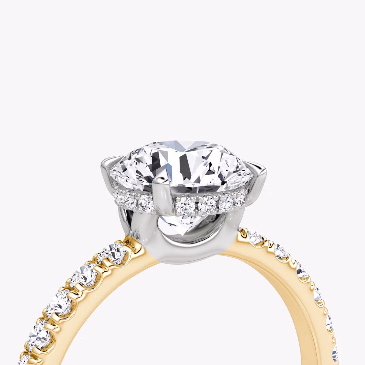 The Signature | Round Brilliant | 18k | Yellow Gold and Platinum | bandAccent: Pavé | bandWidth: large | caratWeight: other | hiddenHalo: yes | diamondOrientation: vertical