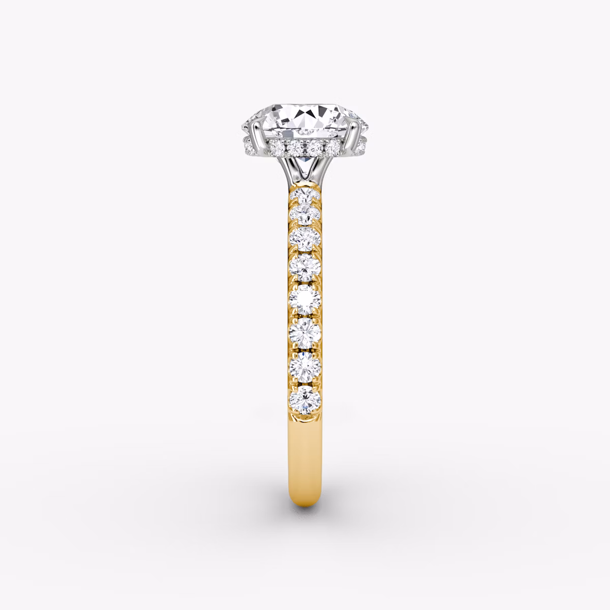 The Signature | Round Brilliant | 18k | Yellow Gold and Platinum | bandAccent: Pavé | bandWidth: large | caratWeight: other | hiddenHalo: yes | diamondOrientation: vertical