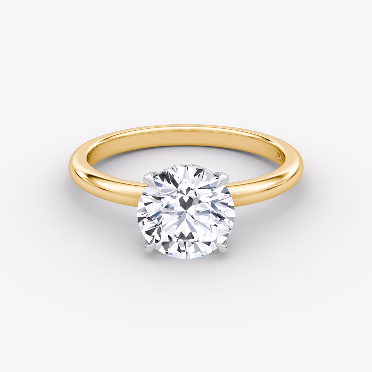 The Signature | Round Brilliant | 18k | Yellow Gold and Platinum | bandAccent: Plain | bandWidth: large | caratWeight: 1.5ct | hiddenHalo: yes | diamondOrientation: vertical