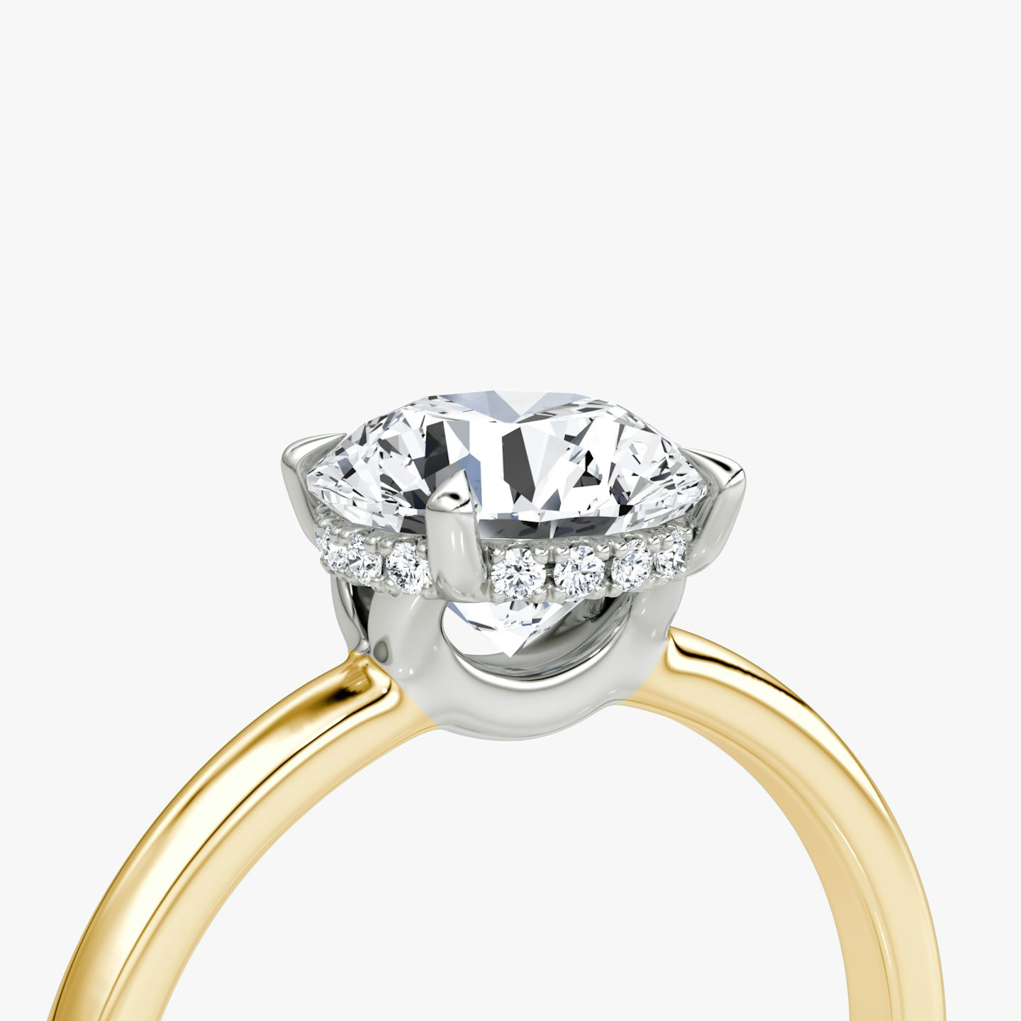 The Signature | Round Brilliant | 18k | Yellow Gold and Platinum | bandAccent: Plain | bandWidth: large | caratWeight: 1.5ct | hiddenHalo: yes | diamondOrientation: vertical