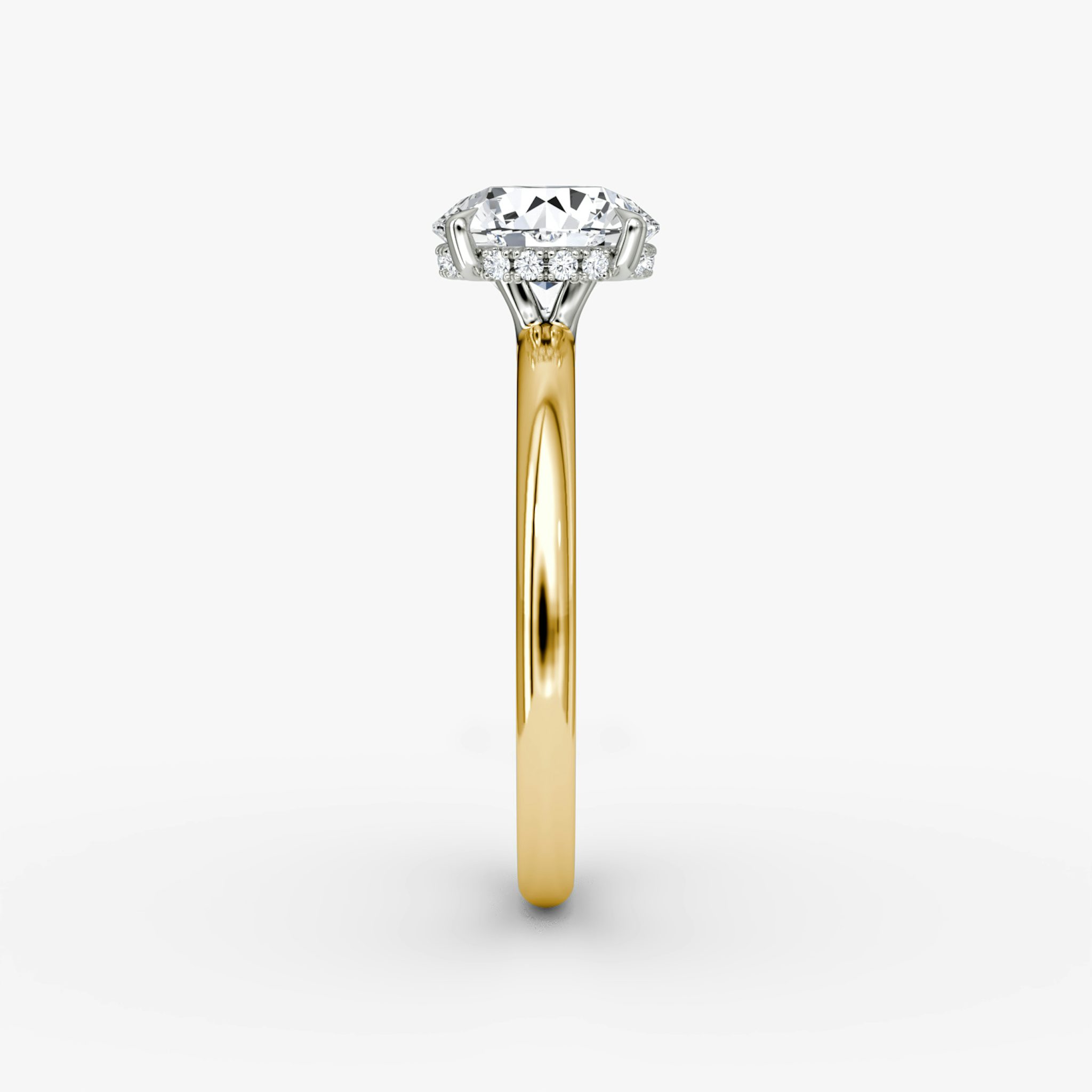 The Signature | Round Brilliant | 18k | Yellow Gold and Platinum | bandAccent: Plain | bandWidth: large | caratWeight: 1.5ct | hiddenHalo: yes | diamondOrientation: vertical