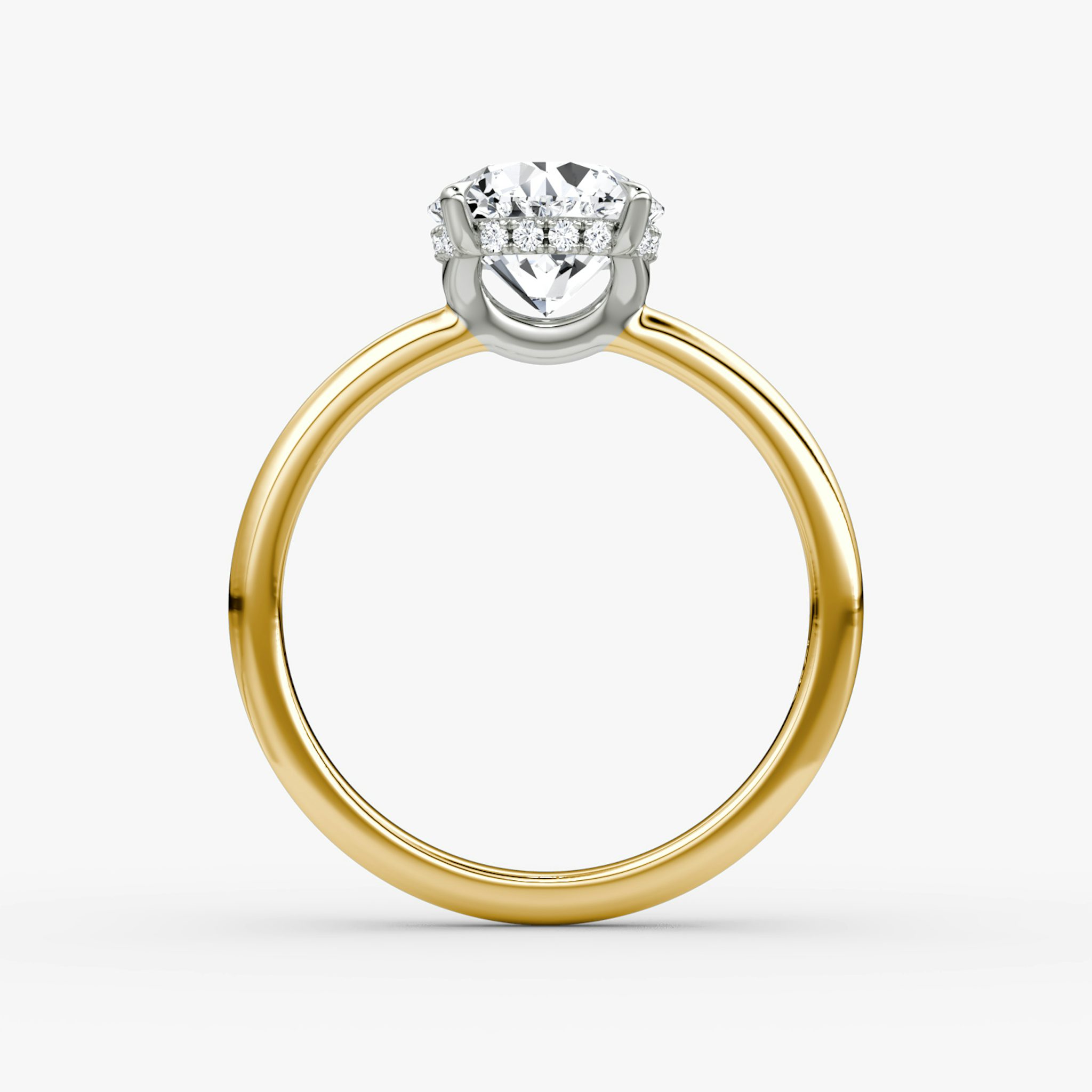 The Signature | Round Brilliant | 18k | Yellow Gold and Platinum | bandAccent: Plain | bandWidth: large | caratWeight: 2.0ct | hiddenHalo: yes | diamondOrientation: vertical