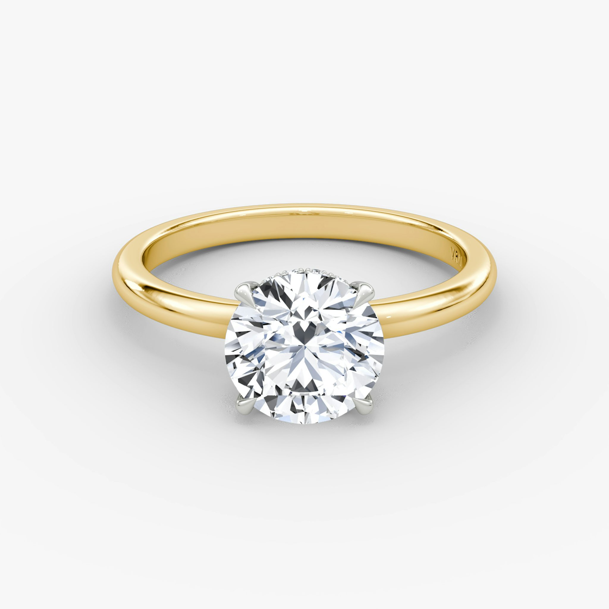 The Signature | Round Brilliant | 18k | Yellow Gold and Platinum | bandAccent: Plain | bandWidth: large | caratWeight: 2.0ct | hiddenHalo: yes | diamondOrientation: vertical