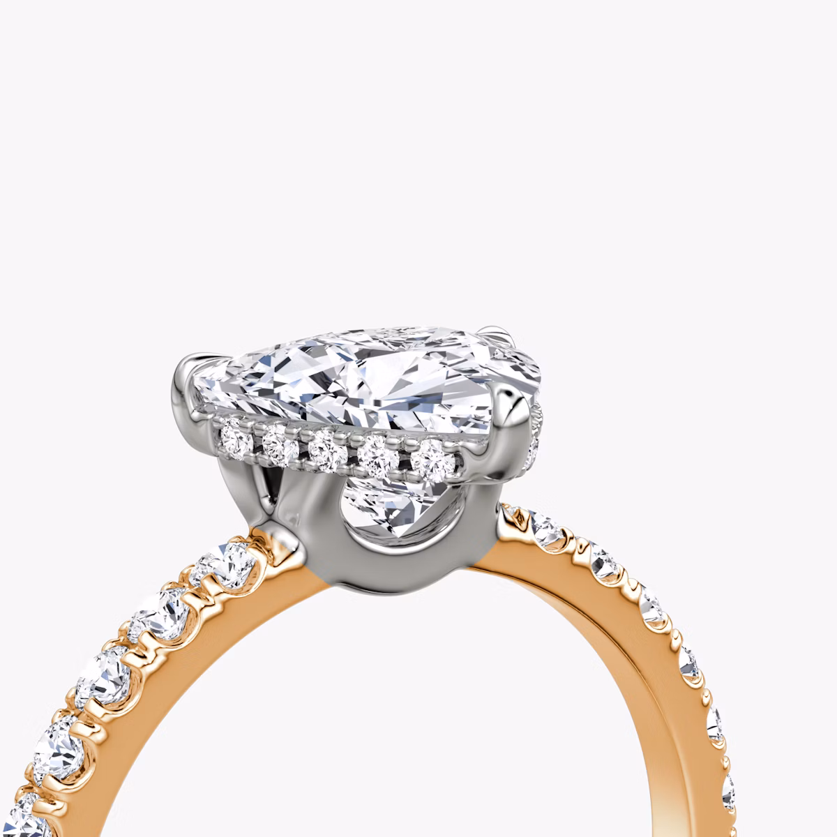 The Signature | Trillion | 14k | Rose Gold and Platinum | bandAccent: Pavé | bandWidth: large | hiddenHalo: yes | diamondOrientation: horizontal | caratWeight: other