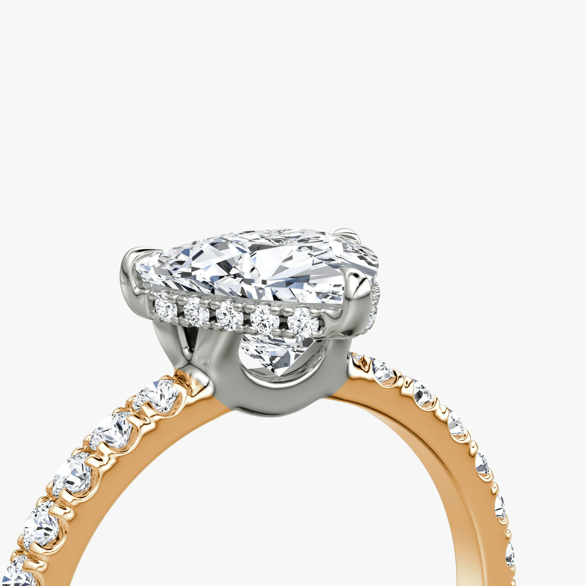 The Signature | Trillion | 14k | Rose Gold and Platinum | bandAccent: Pavé | bandWidth: large | hiddenHalo: yes | diamondOrientation: vertical | caratWeight: other