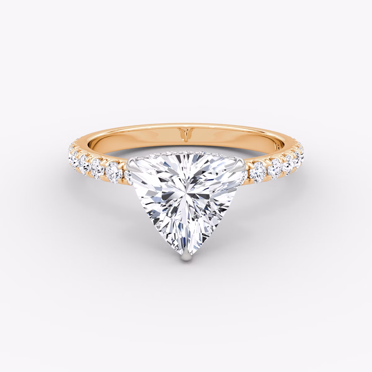 The Signature | Trillion | 14k | Rose Gold and Platinum | bandAccent: Pavé | bandWidth: large | hiddenHalo: yes | diamondOrientation: horizontal | caratWeight: other
