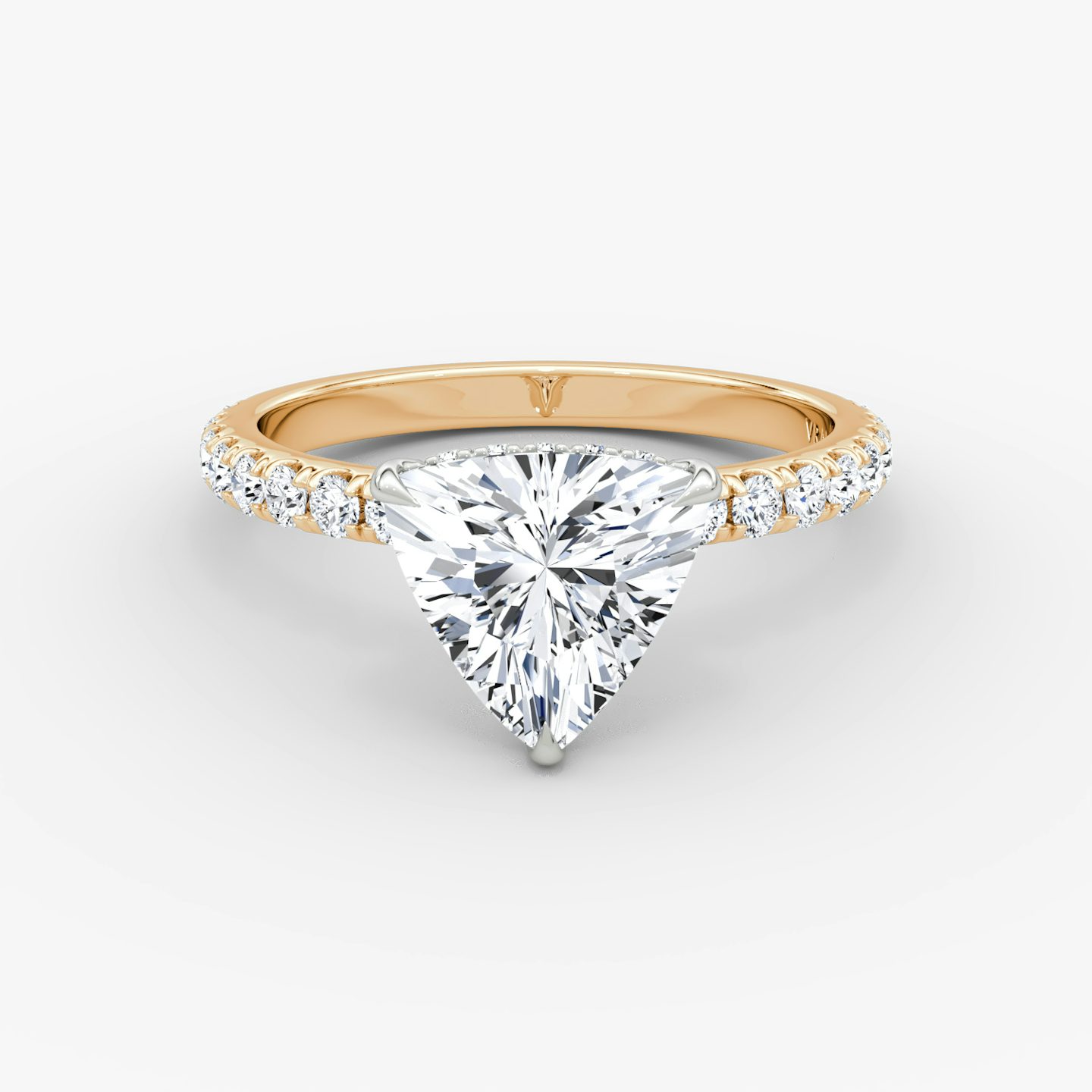 The Signature | Trillion | 14k | Rose Gold and Platinum | bandAccent: Pavé | bandWidth: large | hiddenHalo: yes | diamondOrientation: vertical | caratWeight: other