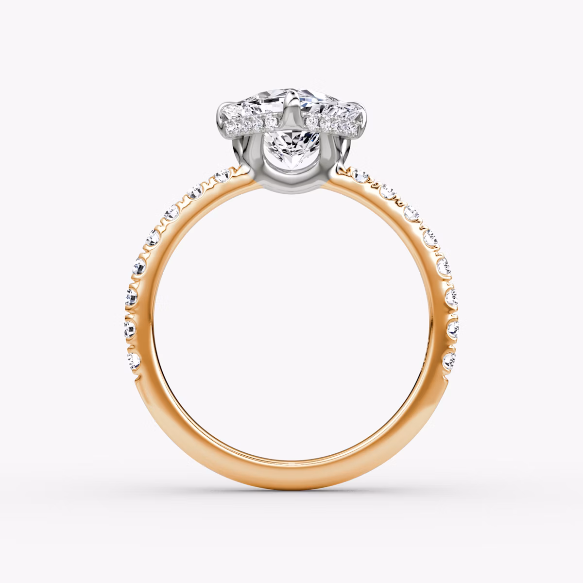 The Signature | Trillion | 14k | Rose Gold and Platinum | bandAccent: Pavé | bandWidth: large | hiddenHalo: yes | diamondOrientation: horizontal | caratWeight: other