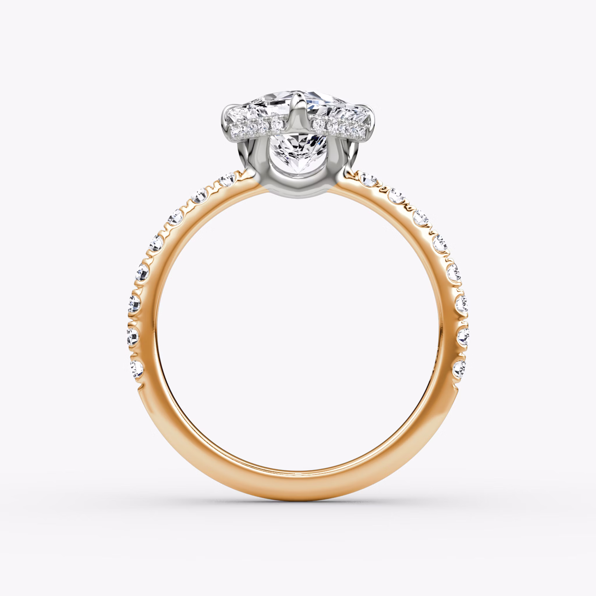 The Signature | Trillion | 14k | Rose Gold and Platinum | bandAccent: Pavé | bandWidth: large | hiddenHalo: yes | diamondOrientation: vertical | caratWeight: other