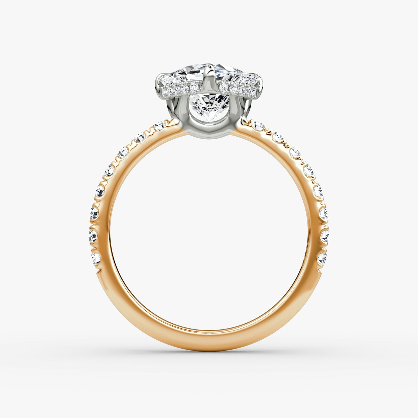 The Signature | Trillion | 14k | Rose Gold and Platinum | bandAccent: Pavé | bandWidth: large | hiddenHalo: yes | diamondOrientation: vertical | caratWeight: other