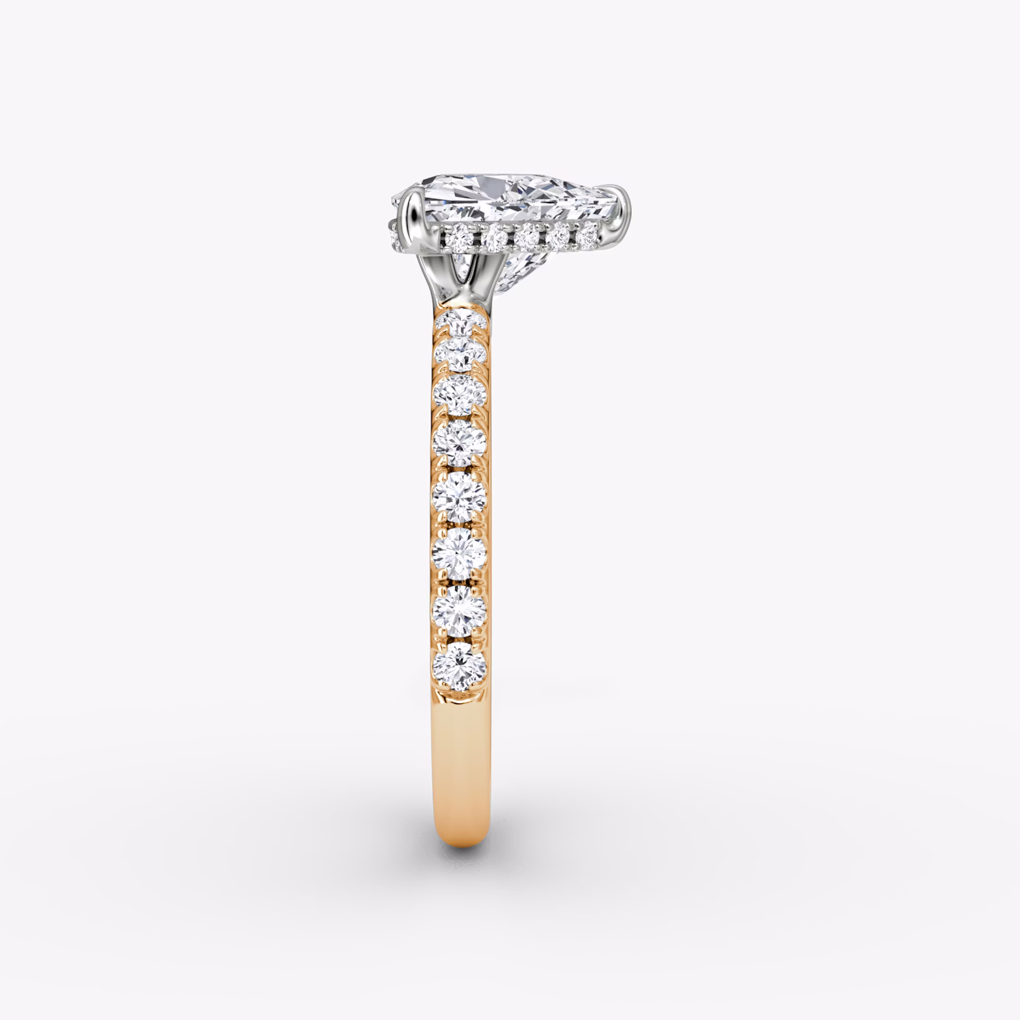 The Signature | Trillion | 14k | Rose Gold and Platinum | bandAccent: Pavé | bandWidth: large | hiddenHalo: yes | diamondOrientation: vertical | caratWeight: other