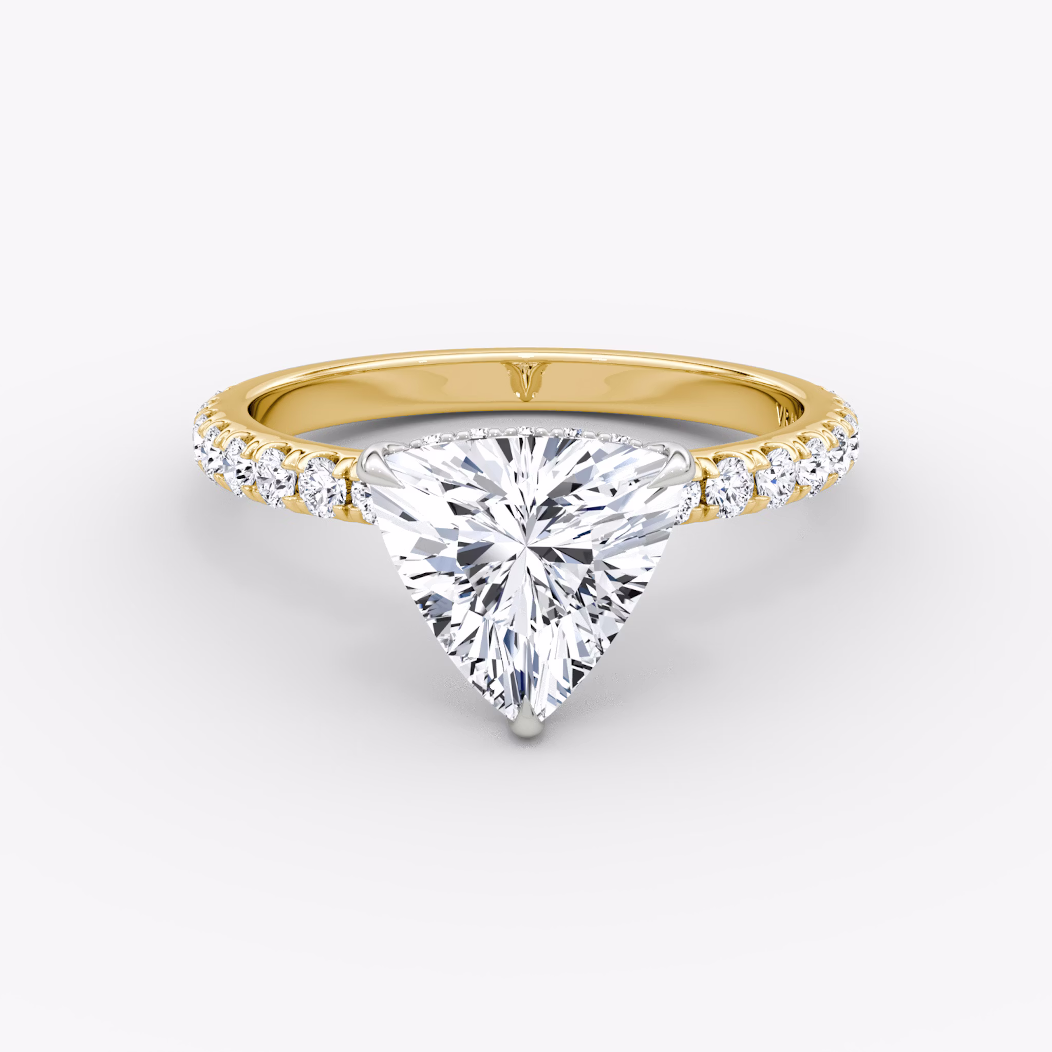 The Signature | Trillion | 18k | Yellow Gold and Platinum | bandAccent: Pavé | bandWidth: large | hiddenHalo: yes | diamondOrientation: vertical | caratWeight: other