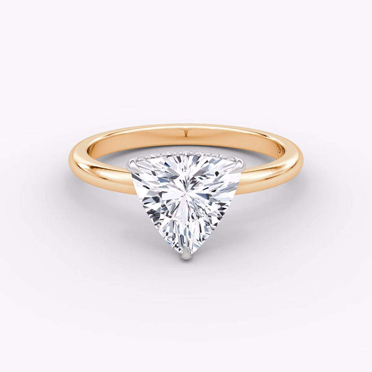 The Signature | Trillion | 14k | Rose Gold and Platinum | bandAccent: Plain | bandWidth: large | hiddenHalo: yes | diamondOrientation: vertical | caratWeight: other
