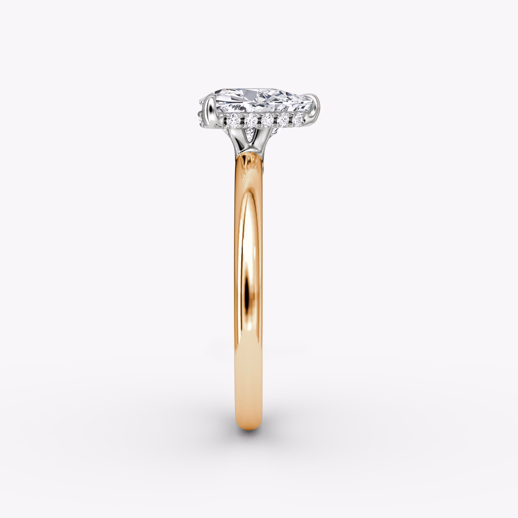 The Signature | Trillion | 14k | Rose Gold and Platinum | bandAccent: Plain | bandWidth: large | hiddenHalo: yes | diamondOrientation: vertical | caratWeight: other