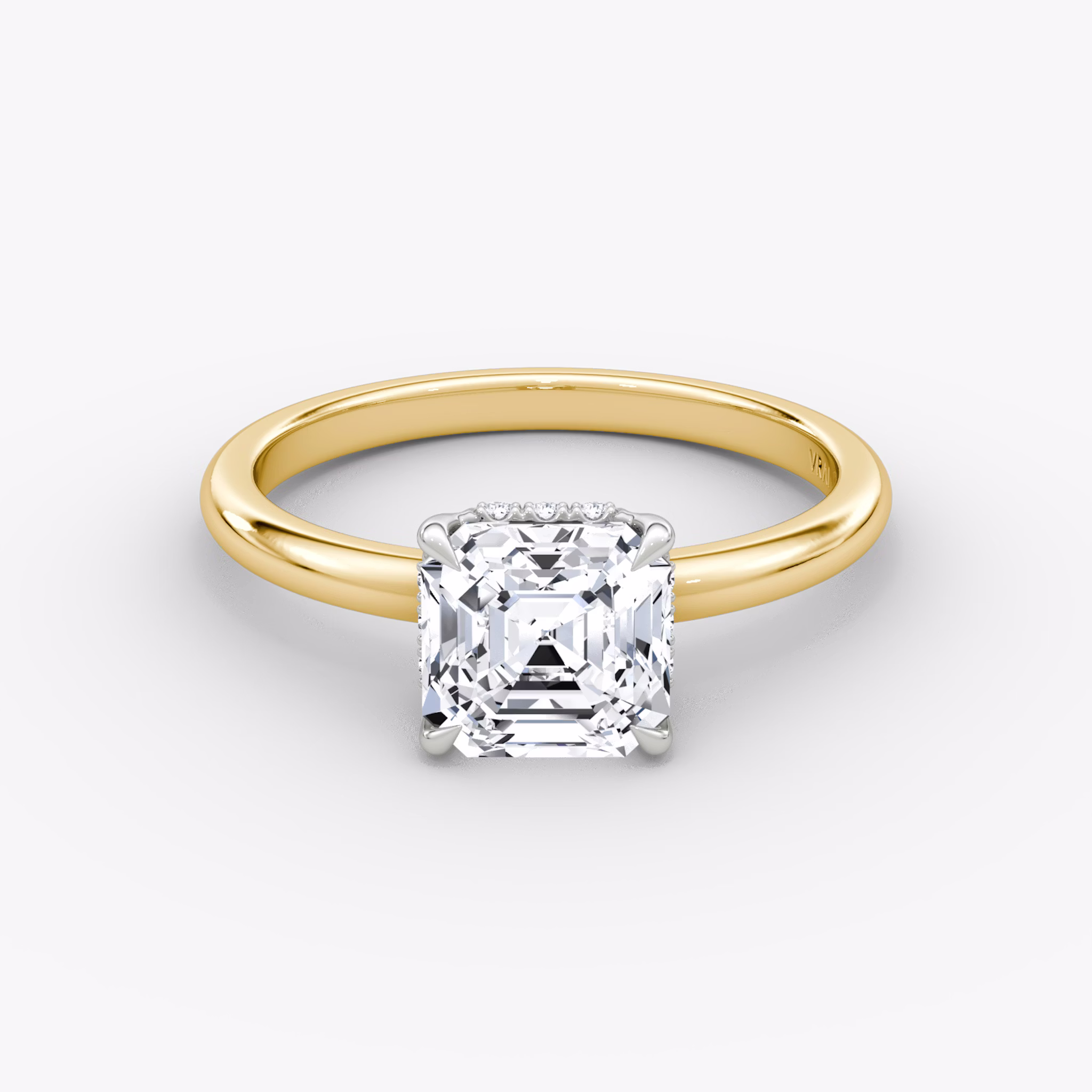 The Signature | Asscher | 18k | Yellow Gold and Platinum | bandAccent: Plain | bandWidth: large | hiddenHalo: yes | diamondOrientation: vertical | caratWeight: other