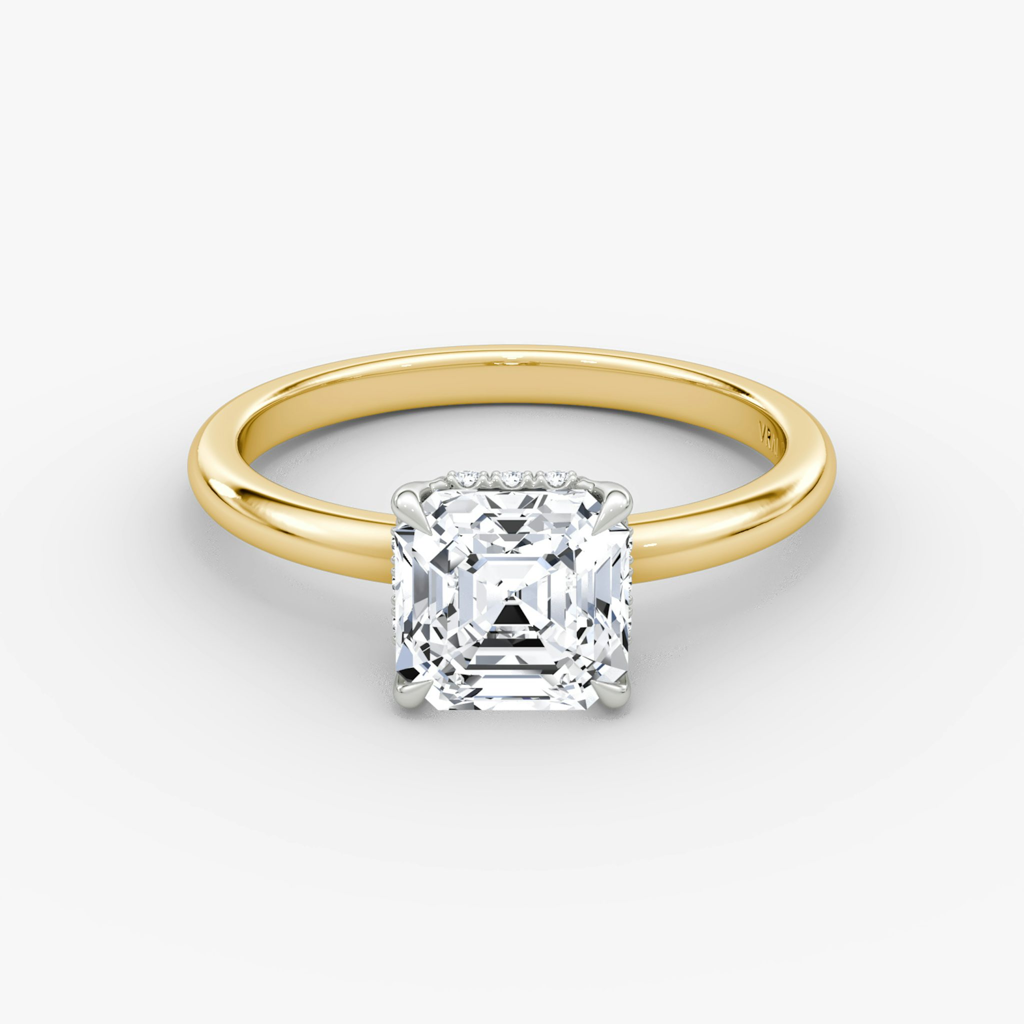 The Signature | Asscher | 18k | Yellow Gold and Platinum | bandAccent: Plain | bandWidth: large | hiddenHalo: yes | diamondOrientation: vertical | caratWeight: other