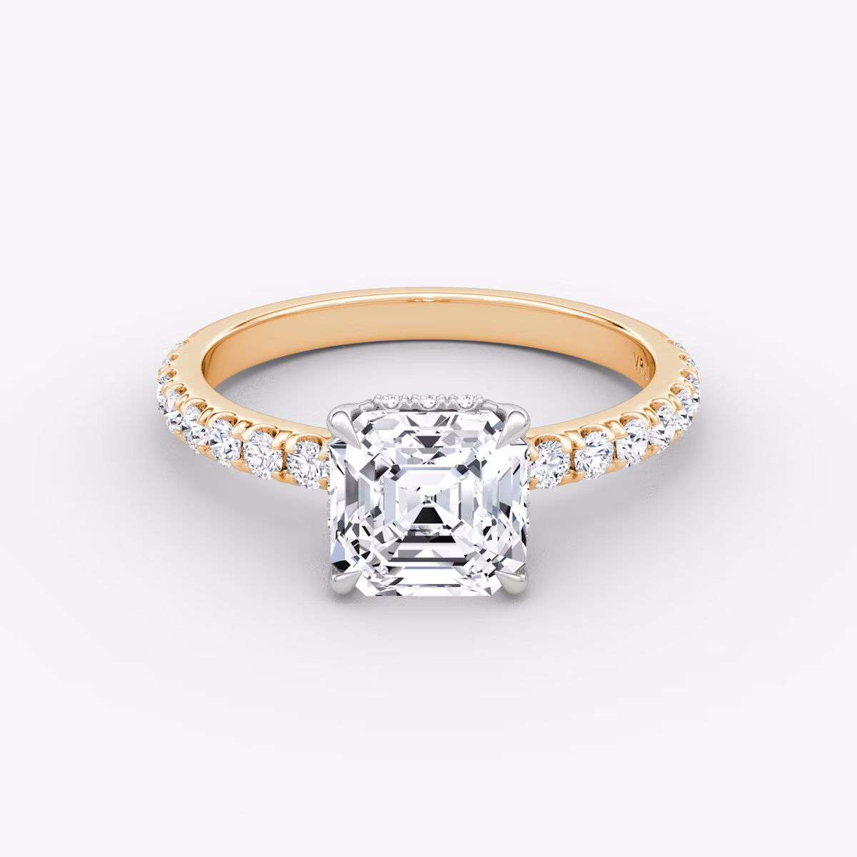 The Signature | Asscher | 14k | Rose Gold and Platinum | bandAccent: Pavé | bandWidth: large | hiddenHalo: yes | diamondOrientation: horizontal | caratWeight: other