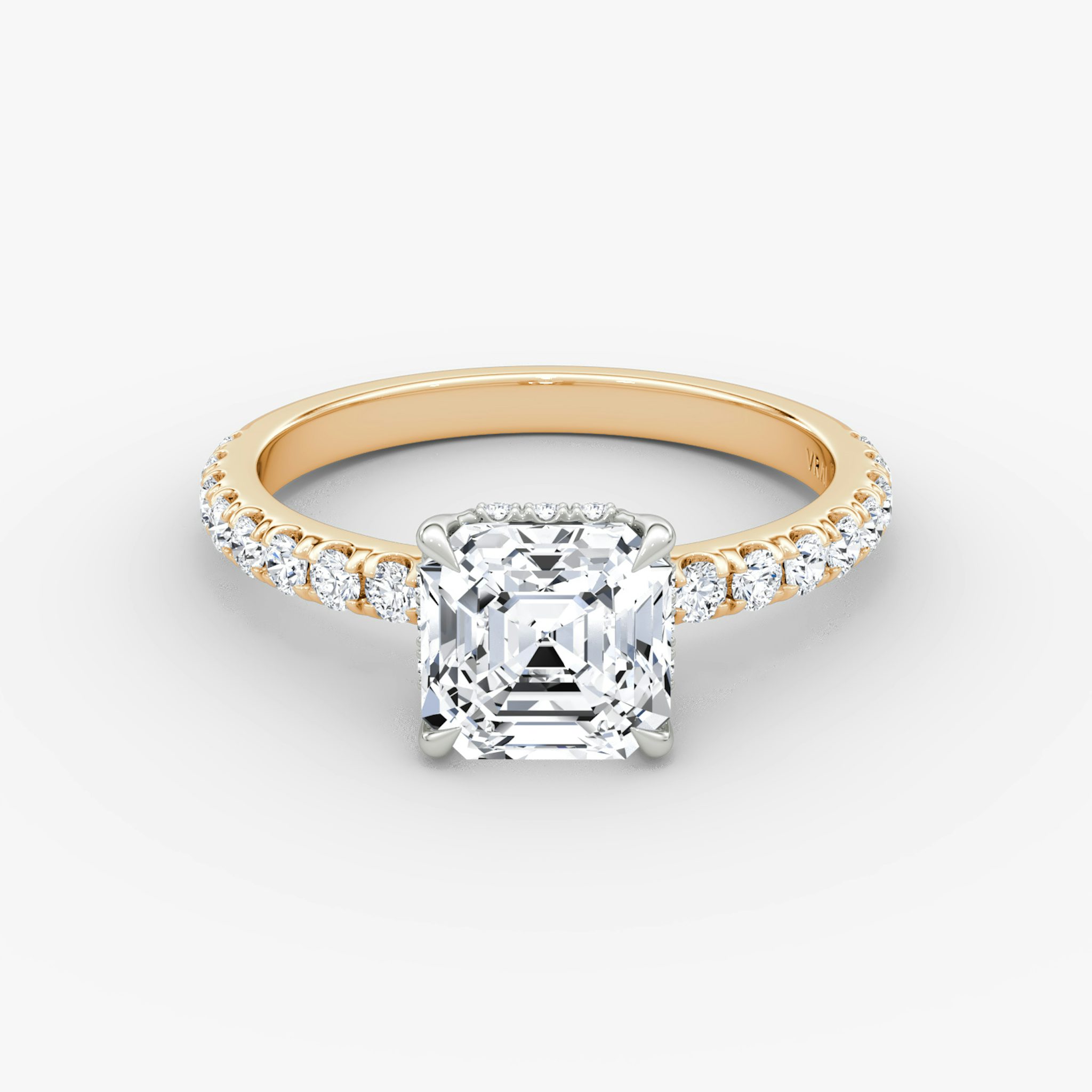 The Signature | Asscher | 14k | Rose Gold and Platinum | bandAccent: Pavé | bandWidth: large | hiddenHalo: yes | diamondOrientation: vertical | caratWeight: other