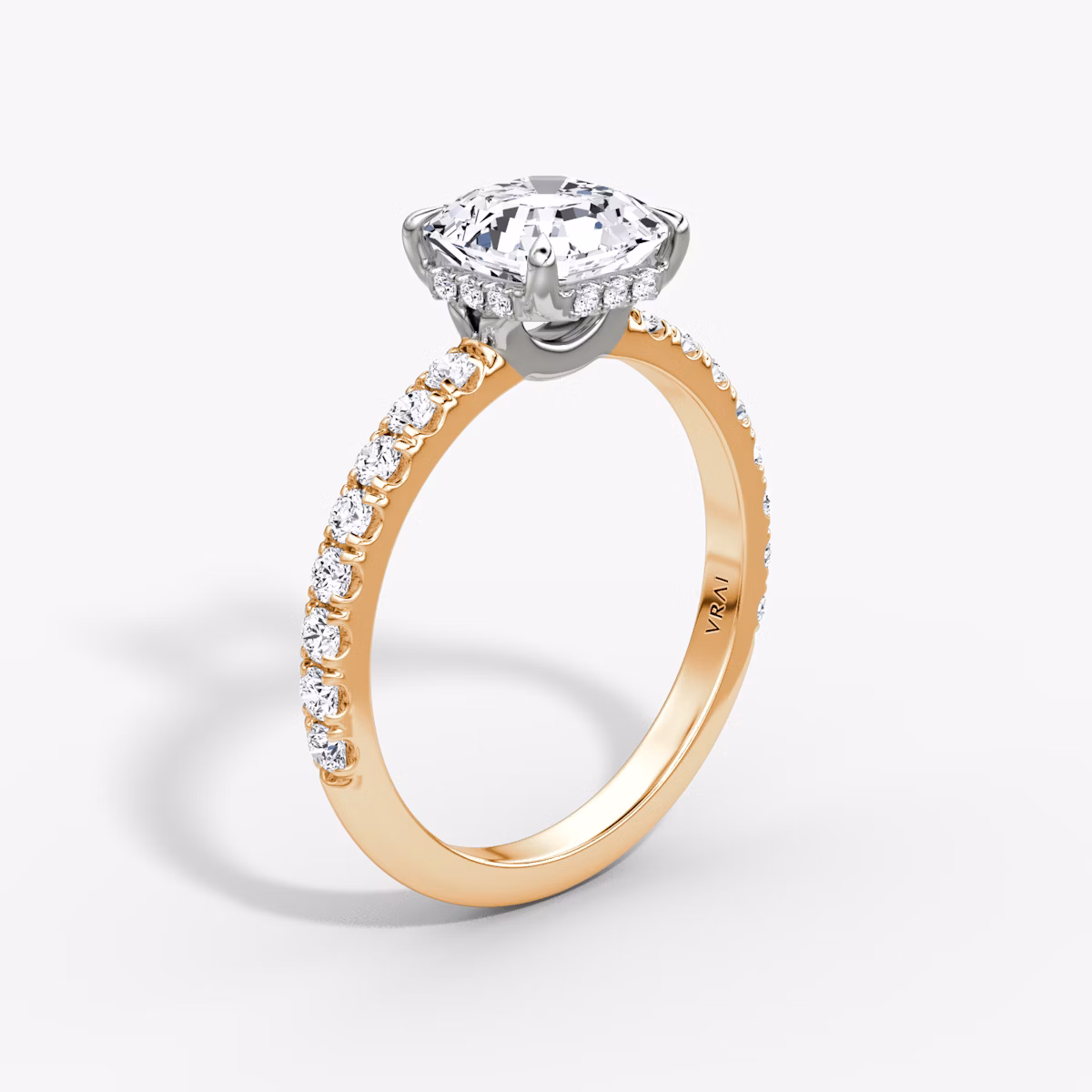 The Signature | Asscher | 14k | Rose Gold and Platinum | bandAccent: Pavé | bandWidth: large | hiddenHalo: yes | diamondOrientation: horizontal | caratWeight: other