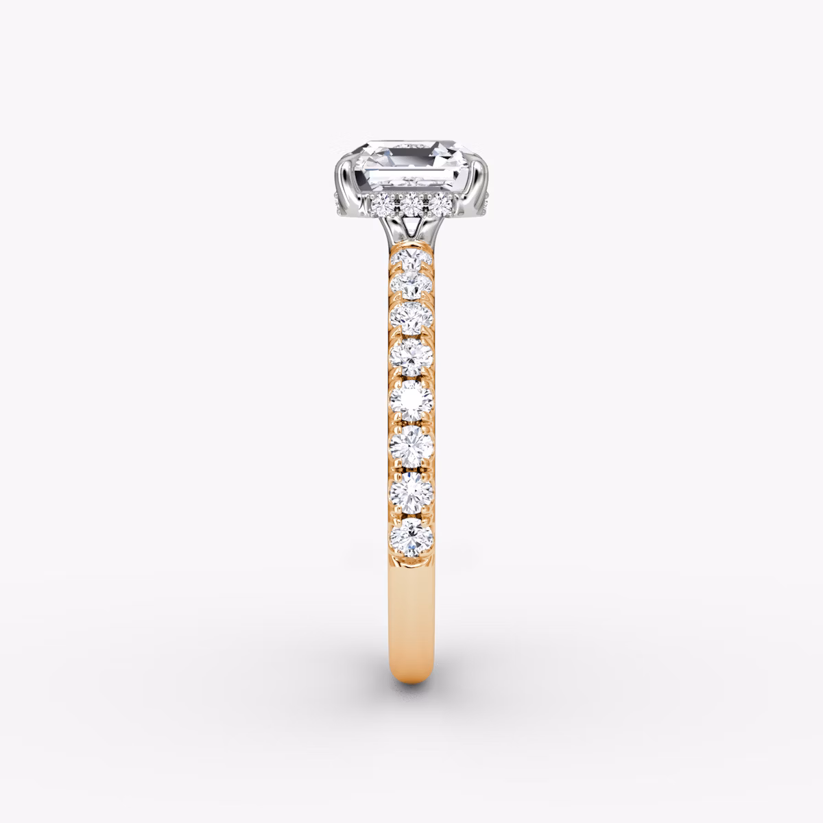 The Signature | Asscher | 14k | Rose Gold and Platinum | bandAccent: Pavé | bandWidth: large | hiddenHalo: yes | diamondOrientation: horizontal | caratWeight: other