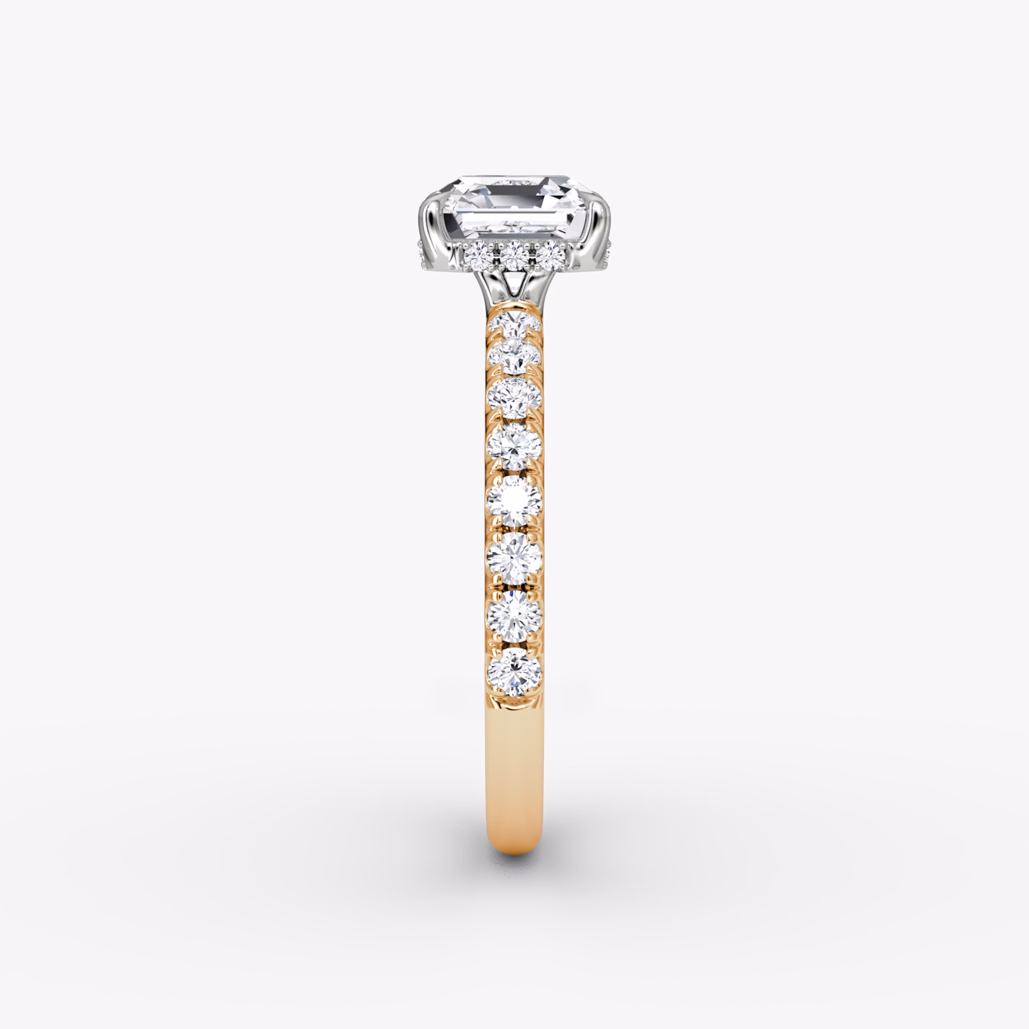 The Signature | Asscher | 14k | Rose Gold and Platinum | bandAccent: Pavé | bandWidth: large | hiddenHalo: yes | diamondOrientation: vertical | caratWeight: other