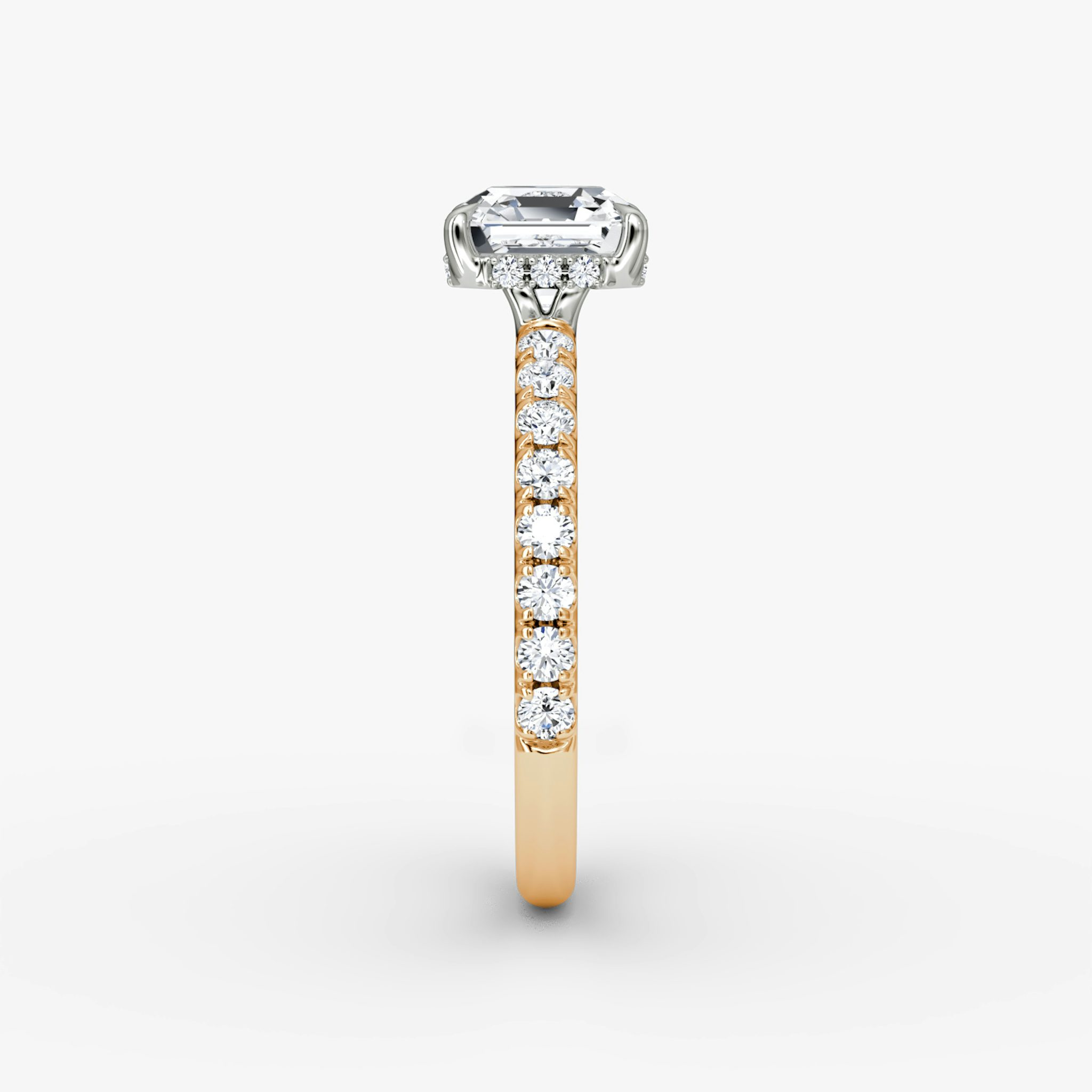 The Signature | Asscher | 14k | Rose Gold and Platinum | bandAccent: Pavé | bandWidth: large | hiddenHalo: yes | diamondOrientation: vertical | caratWeight: other