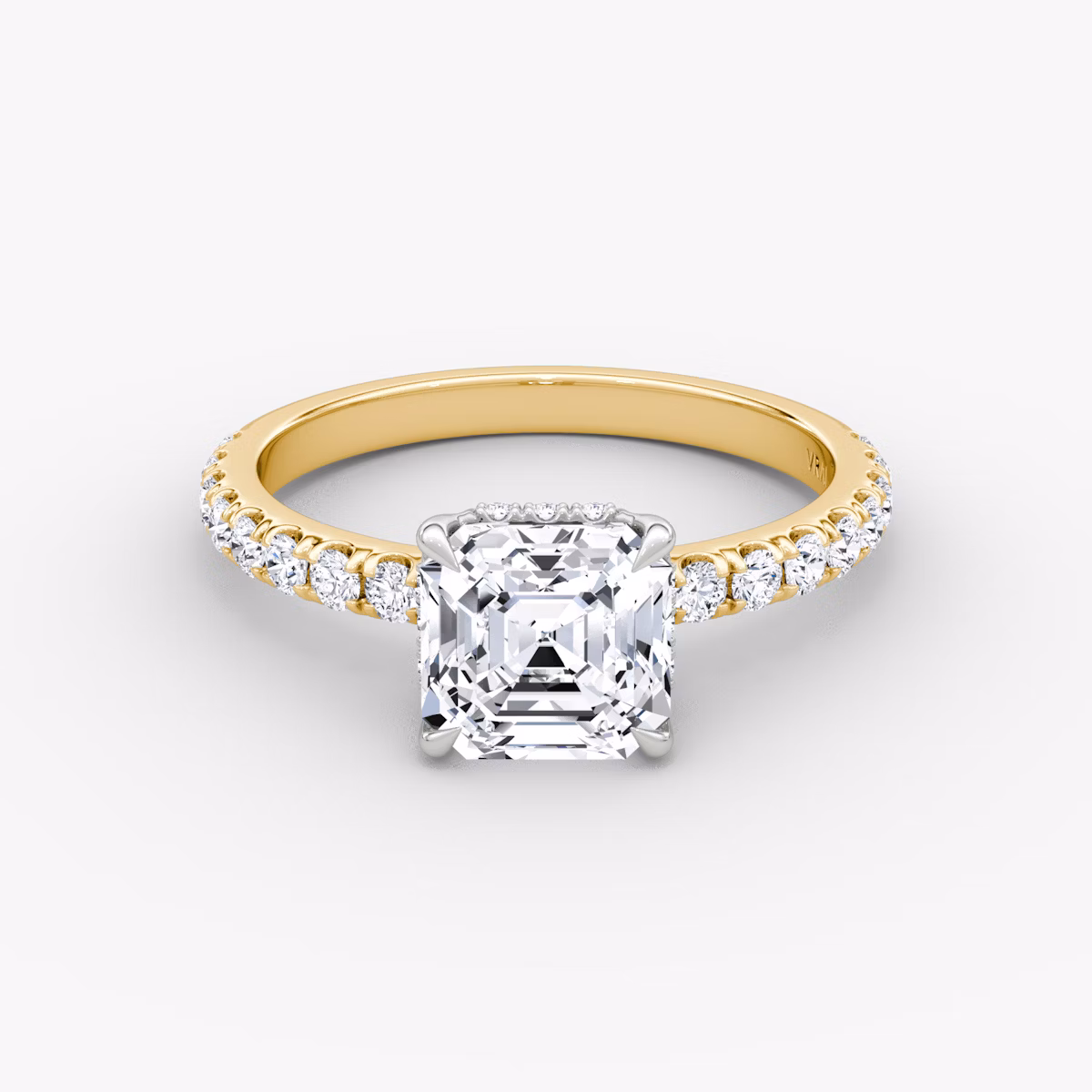The Signature | Asscher | 18k | Yellow Gold and Platinum | bandAccent: Pavé | bandWidth: large | hiddenHalo: yes | diamondOrientation: horizontal | caratWeight: other