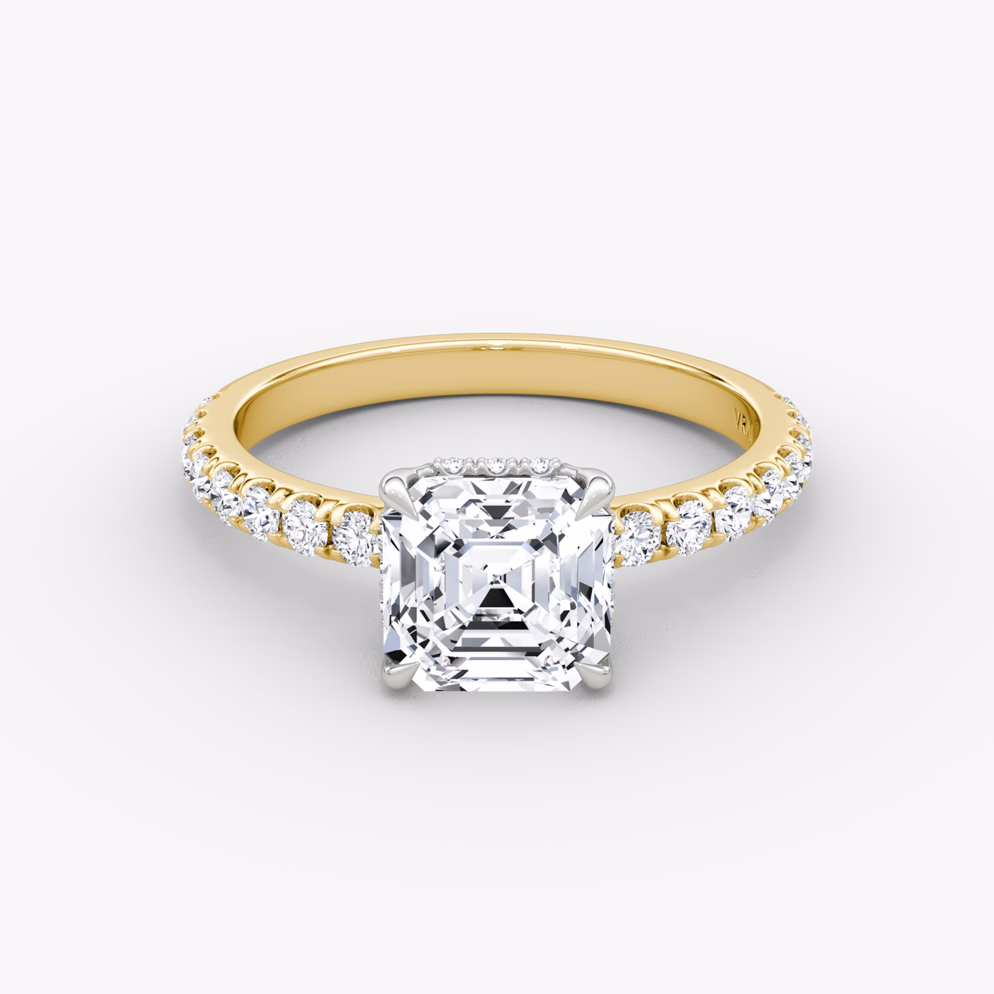 The Signature | Asscher | 18k | Yellow Gold and Platinum | bandAccent: Pavé | bandWidth: large | hiddenHalo: yes | diamondOrientation: vertical | caratWeight: other