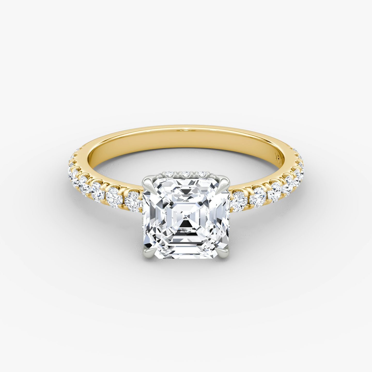 The Signature | Asscher | 18k | Yellow Gold and Platinum | bandAccent: Pavé | bandWidth: large | hiddenHalo: yes | diamondOrientation: vertical | caratWeight: other