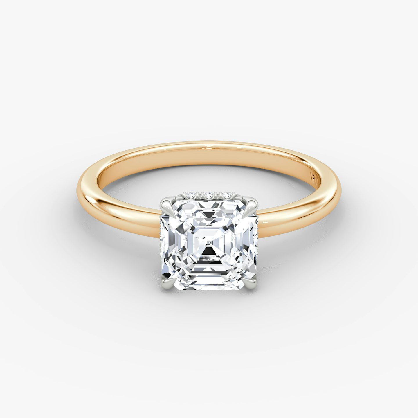 The Signature | Asscher | 14k | Rose Gold and Platinum | bandAccent: Plain | bandWidth: large | hiddenHalo: yes | diamondOrientation: vertical | caratWeight: other