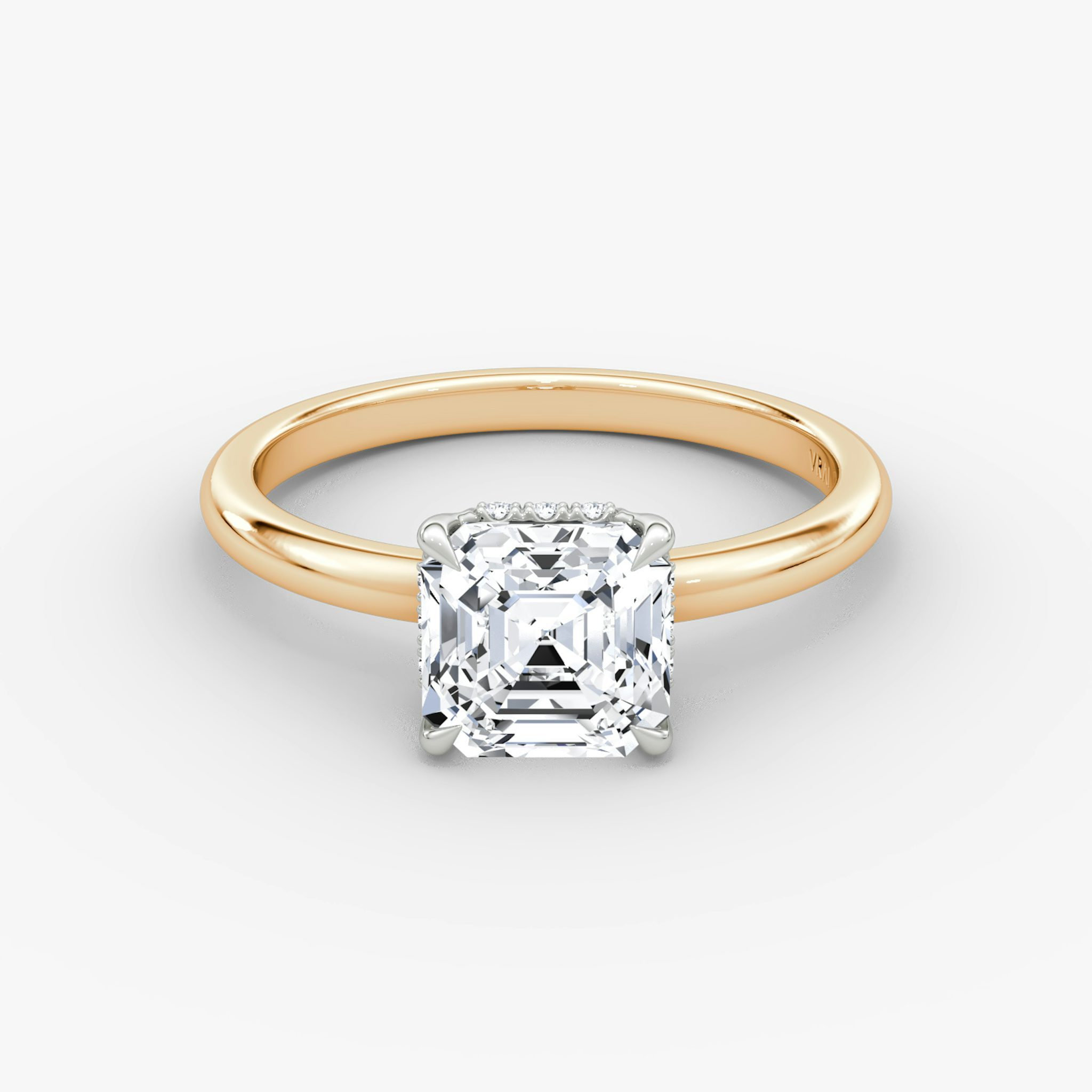 The Signature | Asscher | 14k | Rose Gold and Platinum | bandAccent: Plain | bandWidth: large | hiddenHalo: yes | diamondOrientation: vertical | caratWeight: other