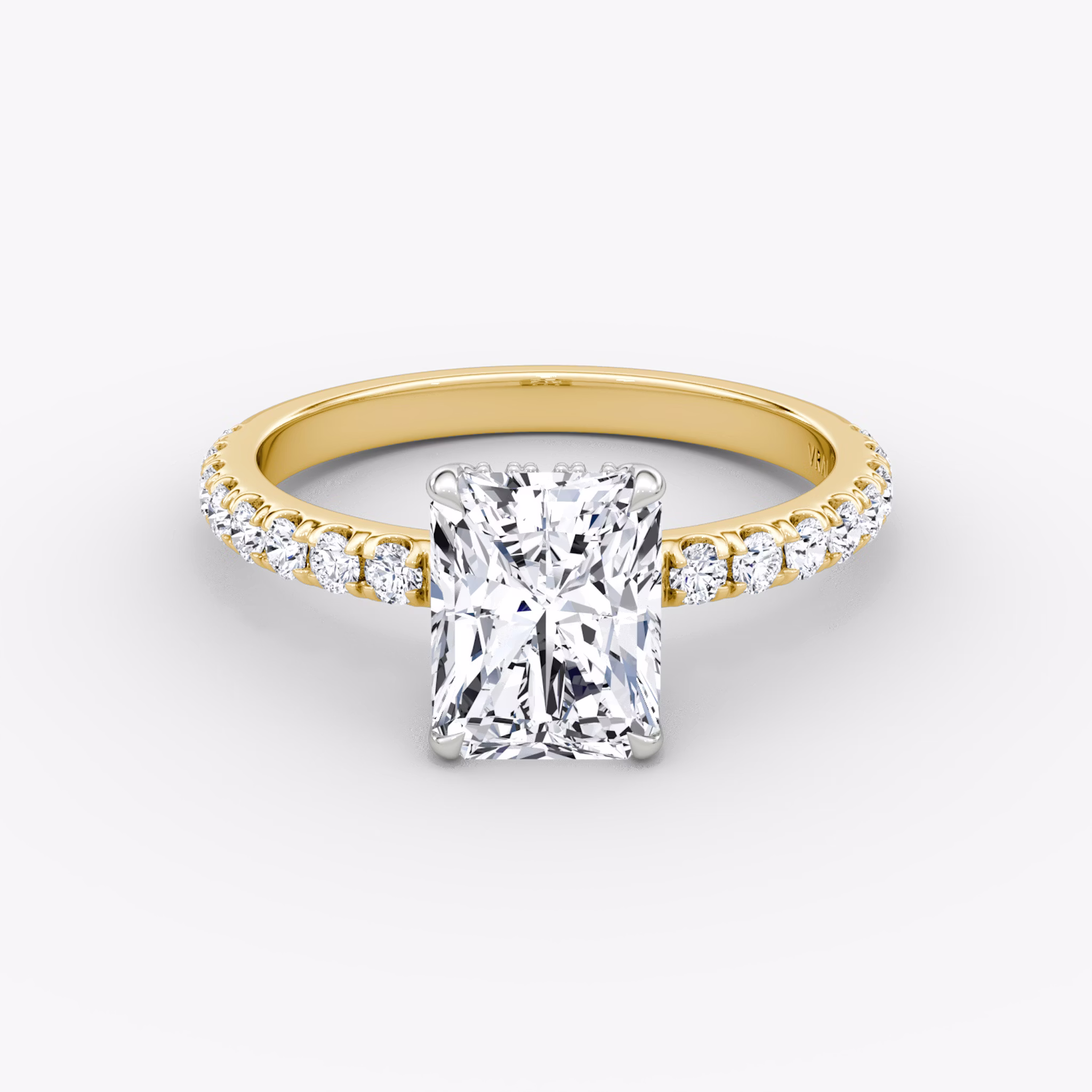 The Signature | Radiant | 18k | Yellow Gold and Platinum | bandAccent: Pavé | bandWidth: large | hiddenHalo: yes | diamondOrientation: vertical | caratWeight: other
