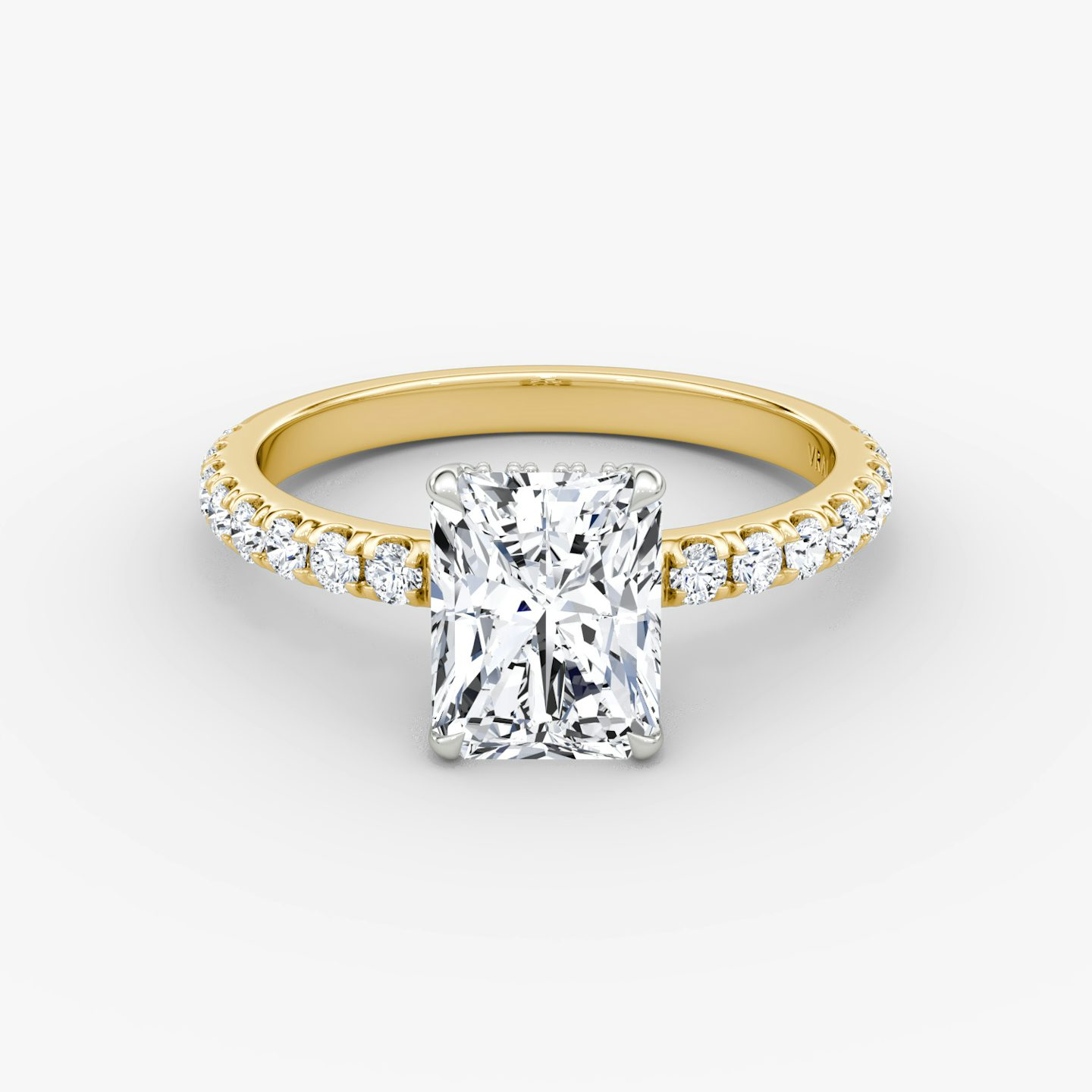 The Signature | Radiant | 18k | Yellow Gold and Platinum | bandAccent: Pavé | bandWidth: large | hiddenHalo: yes | diamondOrientation: vertical | caratWeight: other