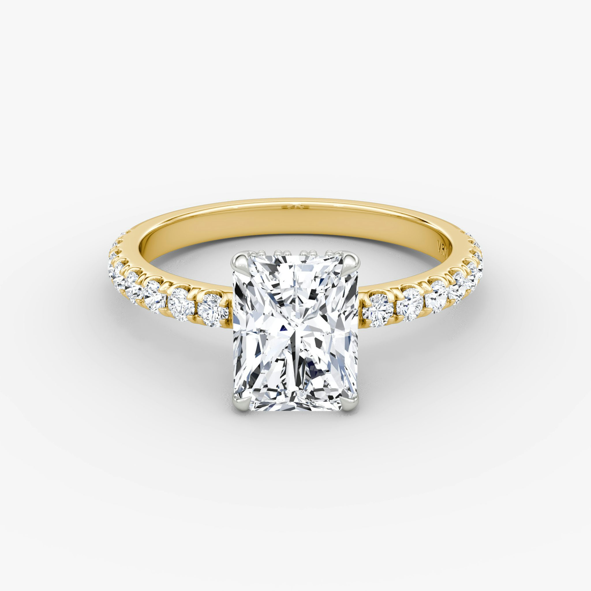 The Signature | Radiant | 18k | Yellow Gold and Platinum | bandAccent: Pavé | bandWidth: large | hiddenHalo: yes | diamondOrientation: vertical | caratWeight: other