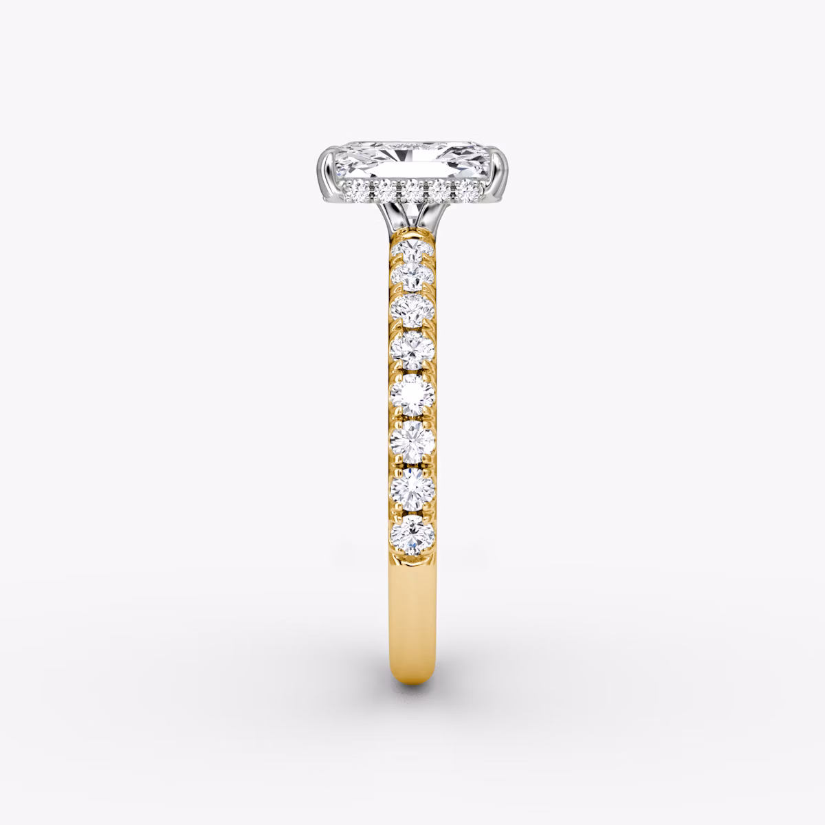 The Signature | Radiant | 18k | Yellow Gold and Platinum | bandAccent: Pavé | bandWidth: large | hiddenHalo: yes | diamondOrientation: vertical | caratWeight: other