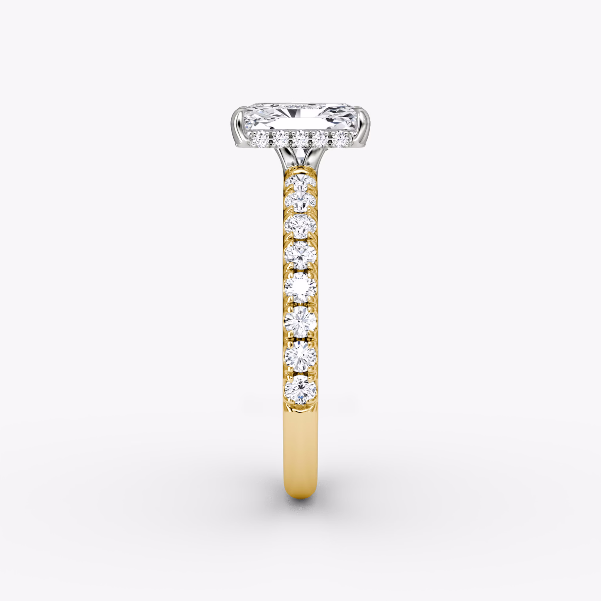 The Signature | Radiant | 18k | Yellow Gold and Platinum | bandAccent: Pavé | bandWidth: large | hiddenHalo: yes | diamondOrientation: vertical | caratWeight: other