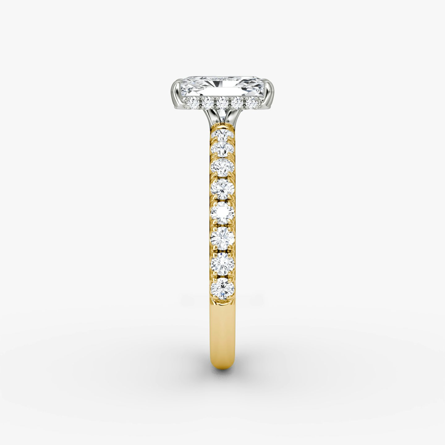 The Signature | Radiant | 18k | Yellow Gold and Platinum | bandAccent: Pavé | bandWidth: large | hiddenHalo: yes | diamondOrientation: vertical | caratWeight: other